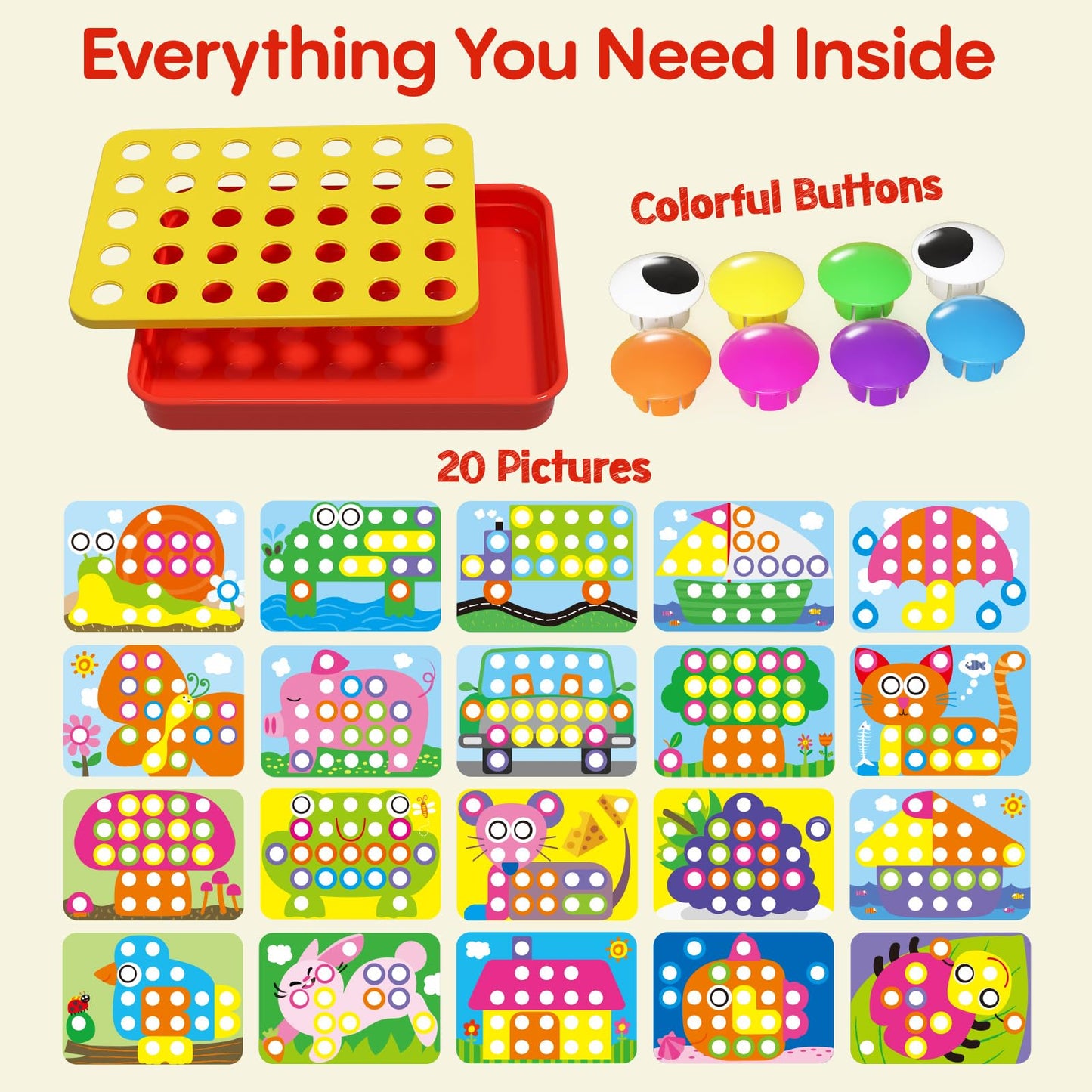 AMOSTING Button Art Toy - Educational Color Matching Mosaic Pegboard Sensory Learning Activity for Kids Age 3 4 5, Preschool Gift for Toddlers, Boys
