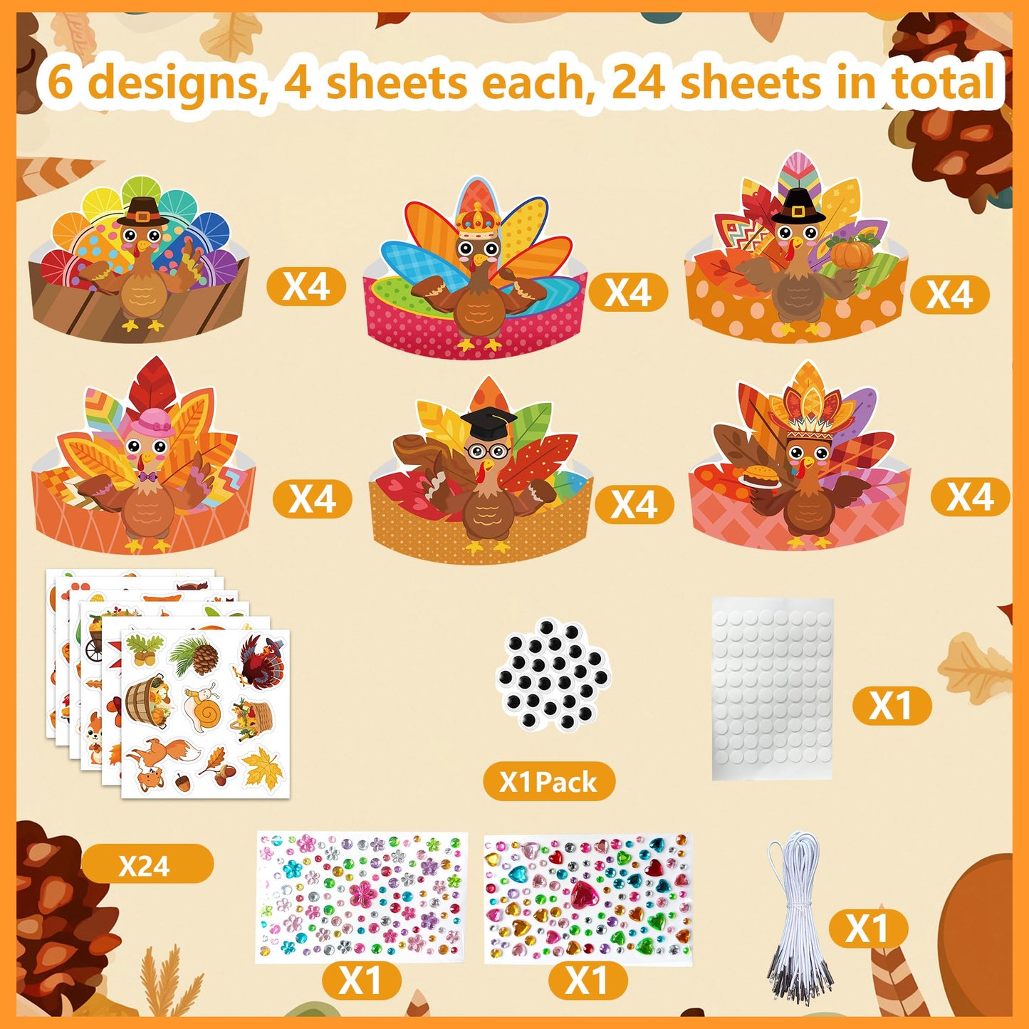 EUVBOKW 24 Pack Thanksgiving DIY Turkey Headband Craft Kit-Create Your Own Fall Paper Crown Hats , Gems,Googly Eyes for Party and Holiday Activity