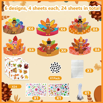 EUVBOKW 24 Pack Thanksgiving DIY Turkey Headband Craft Kit-Create Your Own Fall Paper Crown Hats , Gems,Googly Eyes for Party and Holiday Activity