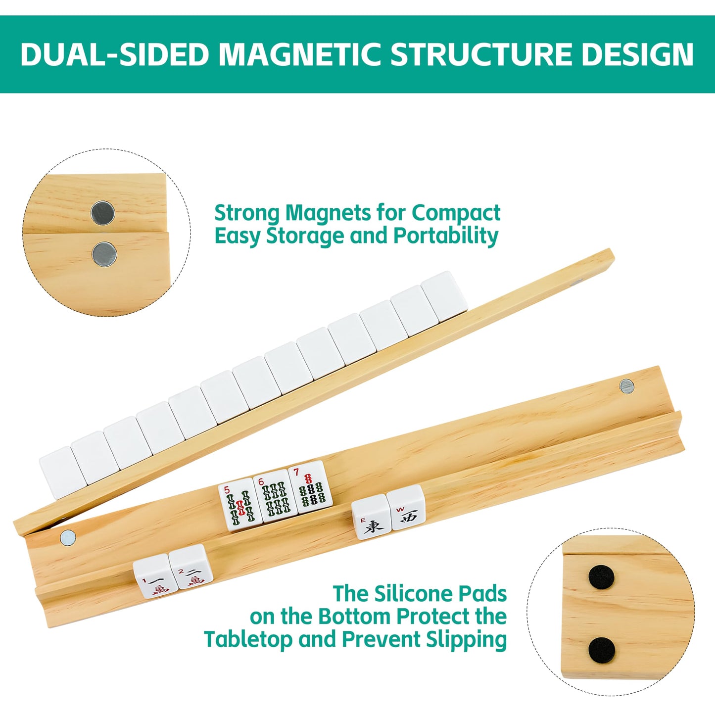 Vovotuzzi 4PCS Magnetic Wooden Mahjong Racks - Natural Solid Pine Wood Pushers Set, American Mahjong Tile Rack Set, Mahjong Accessories for Standard