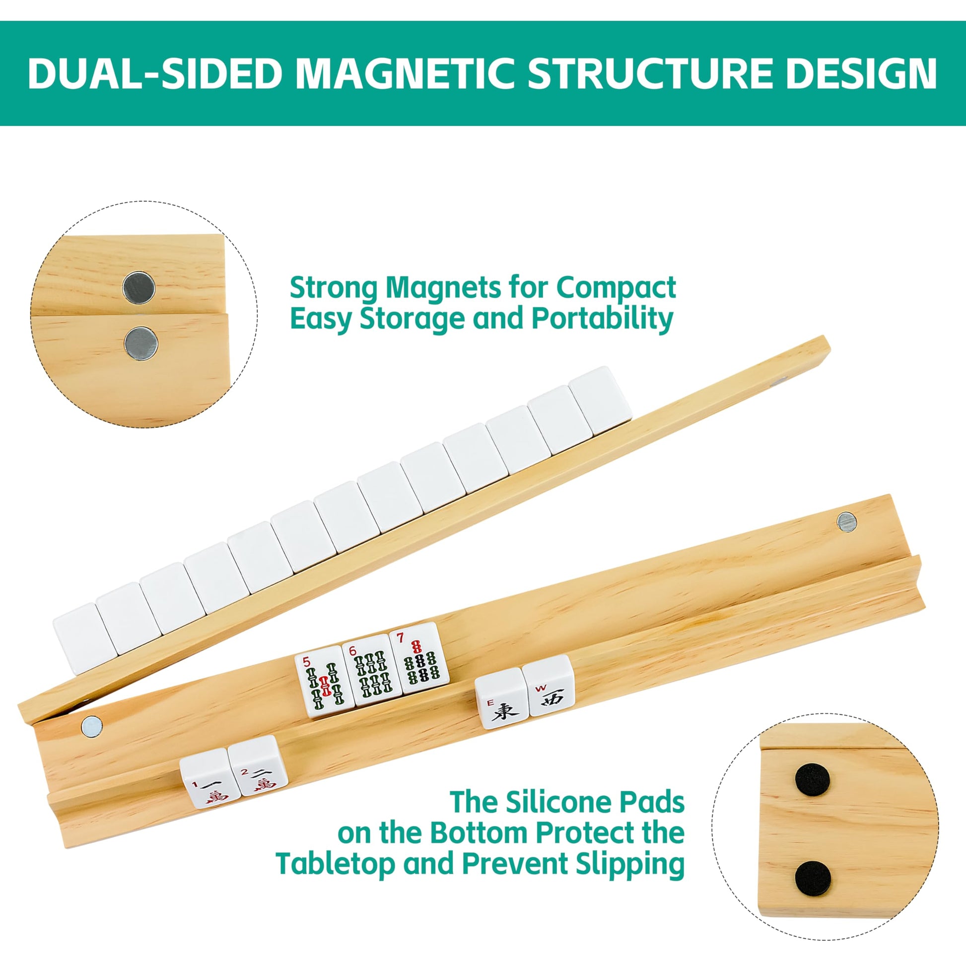 Vovotuzzi 4PCS Magnetic Wooden Mahjong Racks - Natural Solid Pine Wood Pushers Set, American Mahjong Tile Rack Set, Mahjong Accessories for Standard