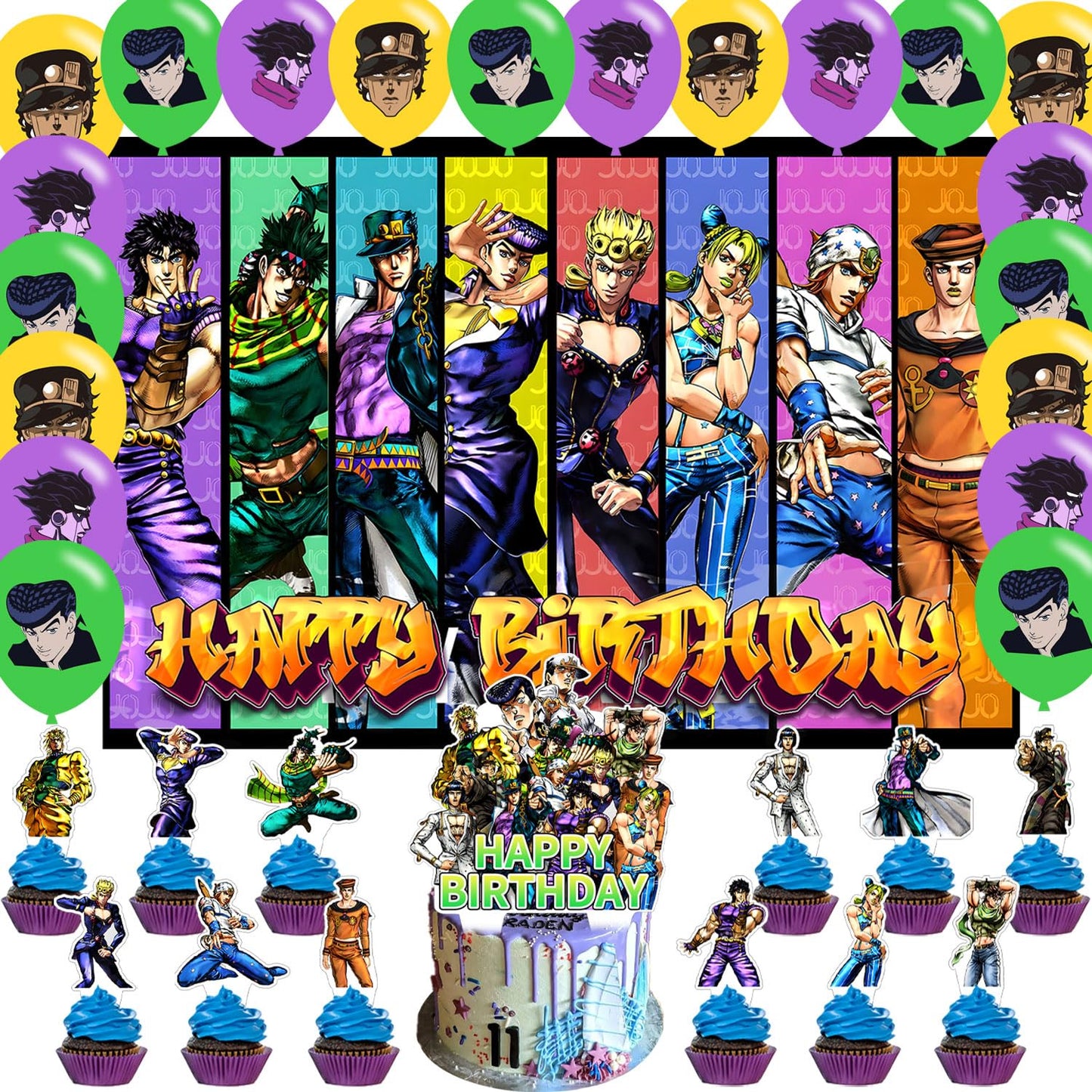JOJO Birthday Party Decoration, Include Anime Backdrop 5 x 3 FT, Latex Balloons, Cake Topper for Adventure Theme Teen Fans Party