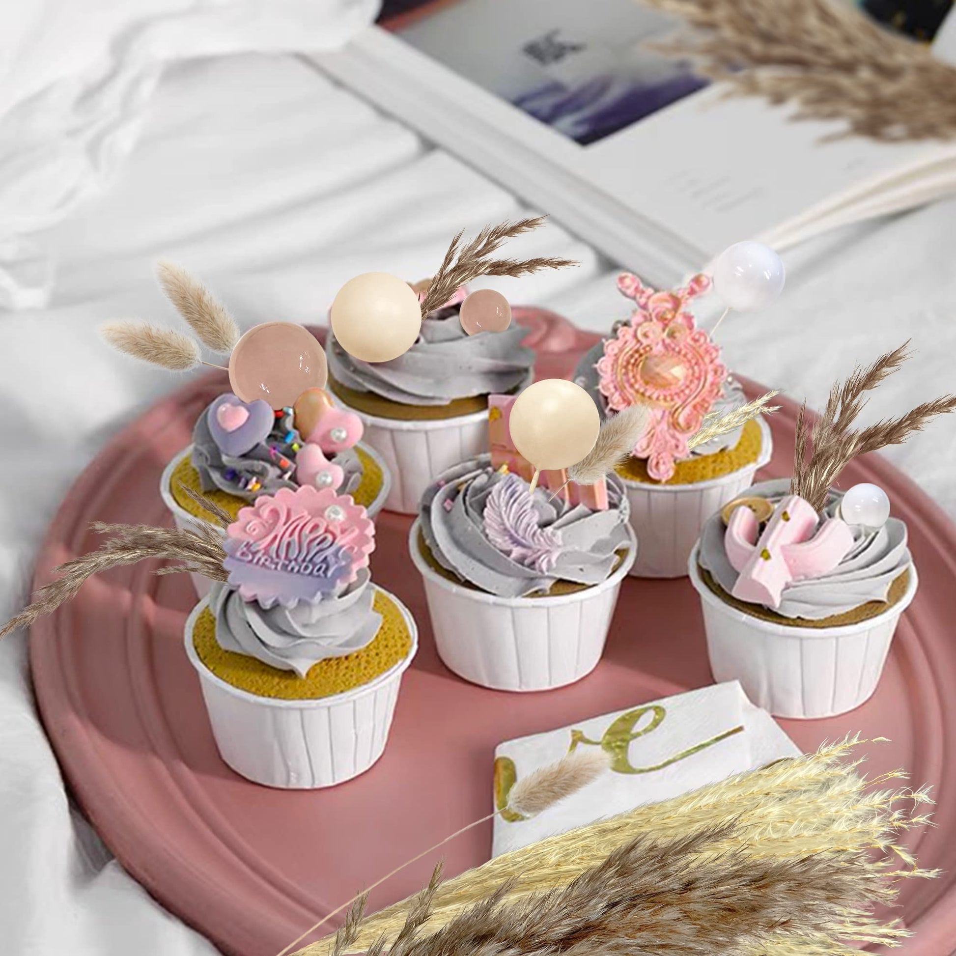 50 PCS Boho Cake Toppers Mini Balls Cake Topper Various Dried Pampas Grass Cake Decor for Boho Home Wedding Cake Decoration (White Apricot Light