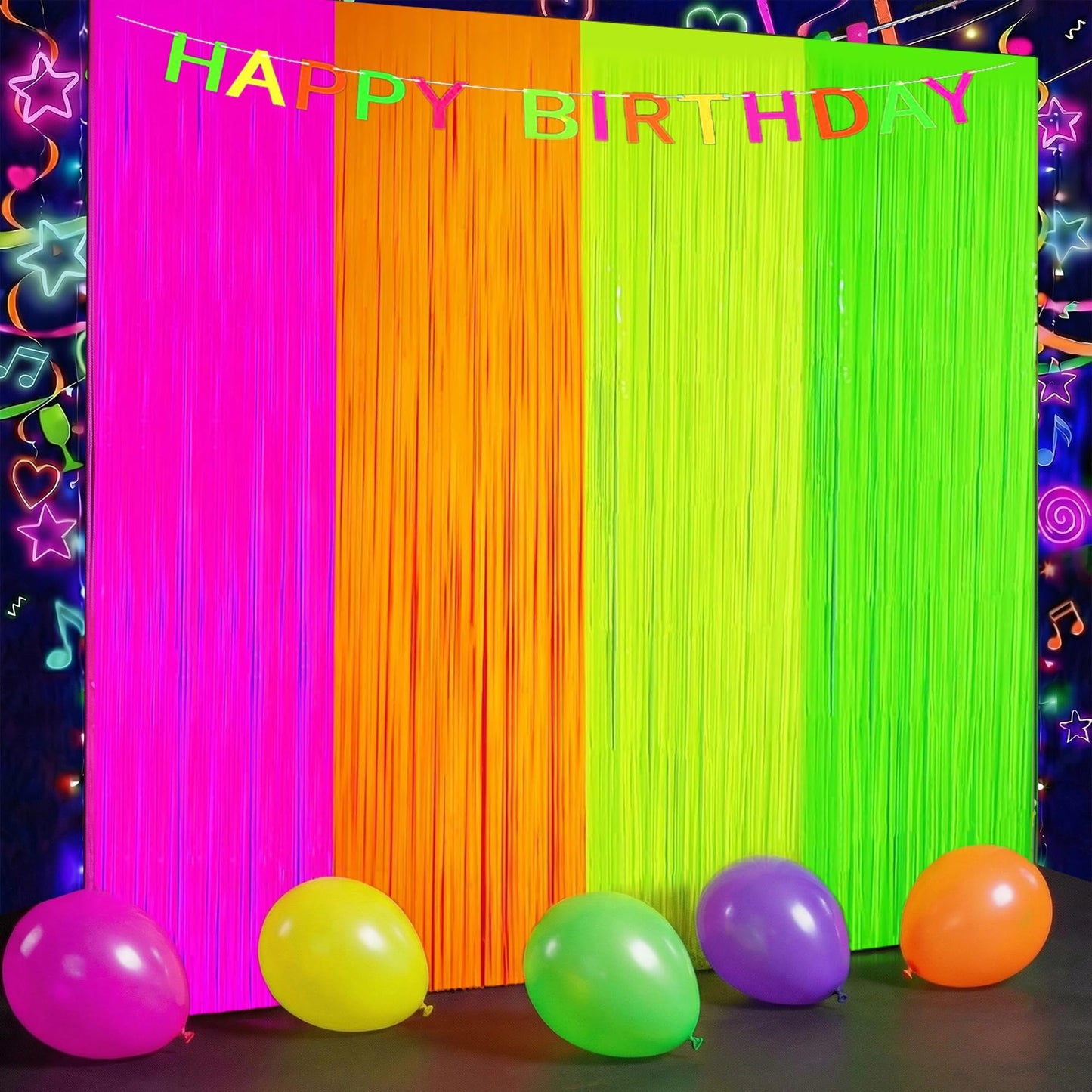 Neon Streamers Backdrop Party Supplies, Glow in Curtains Party Decorations