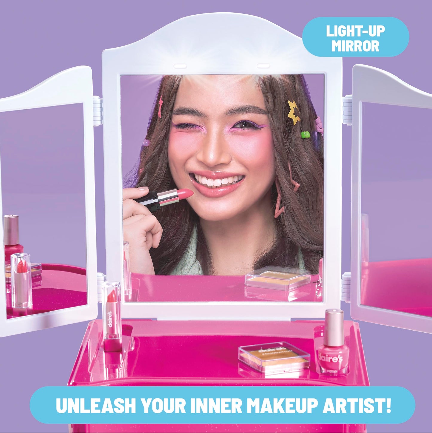 Claire's Makeup Vanity with Light-Up Tri-Panel Mirror, 13-Piece Real Cosmetic Set, Pretend Play Makeup for Kids 8-12, Girl Toys & Beauty Activity Gift