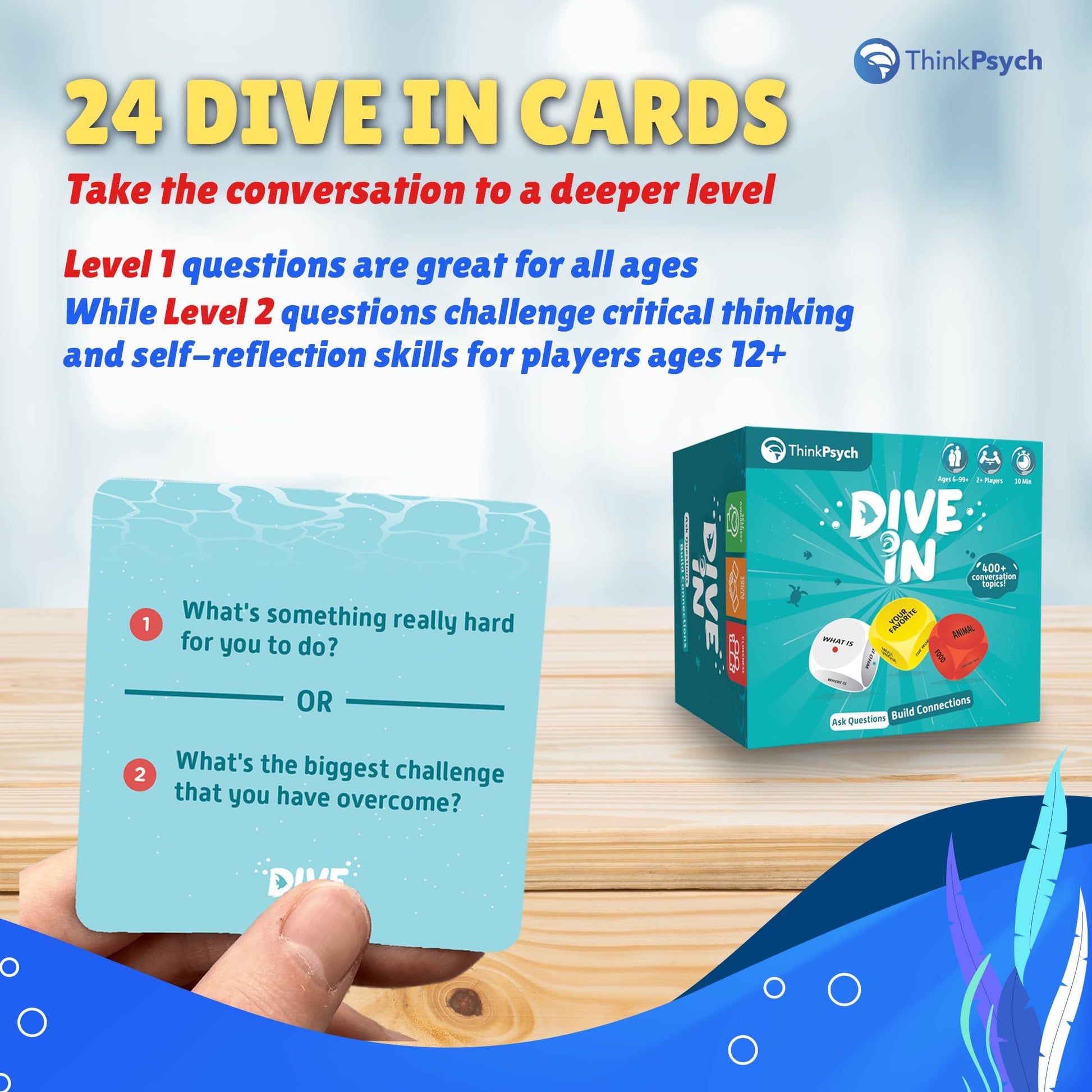 ThinkPsych Dive in - SEL Conversation Dice Game with 400+ Topics | Therapy Games for Kids & Teens | Social Emotional Learning for Home & School | Play