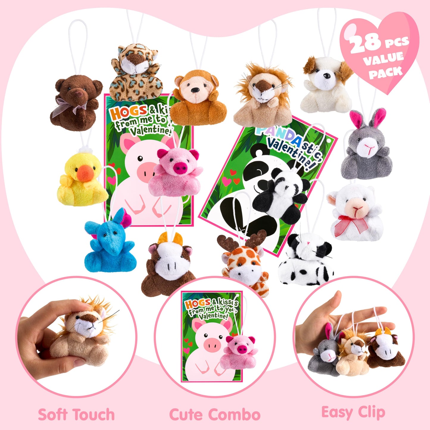 JOYIN 28 Pack Valentine's Day Gifts Cards for Kids with Plush Toy Key Chain Stress Relief Toy for Classroom Exchange Cards and Kids Party Favor