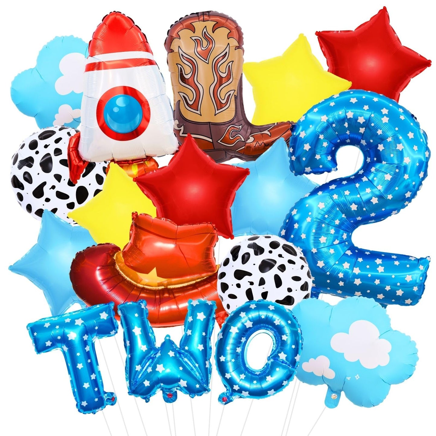 Toy Themed Story Birthday Decoration Balloon Set,Cartoon Style Birthday Rocket,Cowboy Hat,Boots,Clouds,Star Patterns, For kid Party Supply (2nd-Two