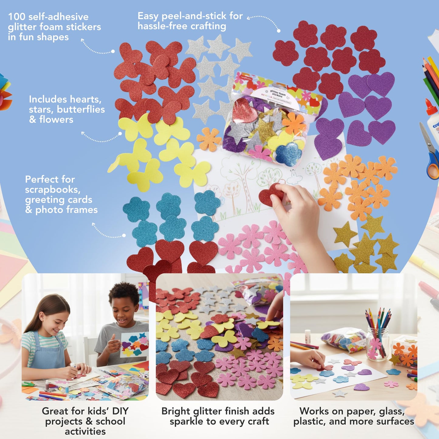 Incraftables Glitter Self Adhesive Foam Stickers for Kids, 100pcs Heart, Star, Butterfly, Flower Shapes, Multicolor, Felt Material, Modern Style