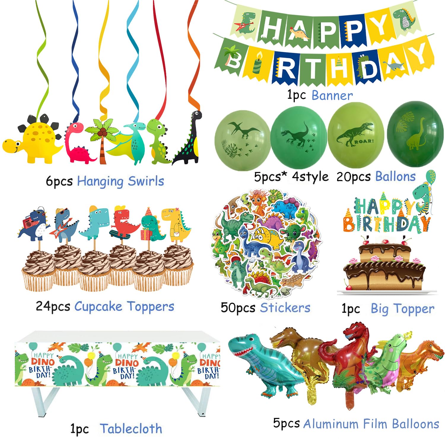 Dinosaur Birthday Decorations, 104 Piece Dinosaur Party Decorations for Boys Dino Birthday Party Supplies Set Include Banner Balloons Cake Toppers