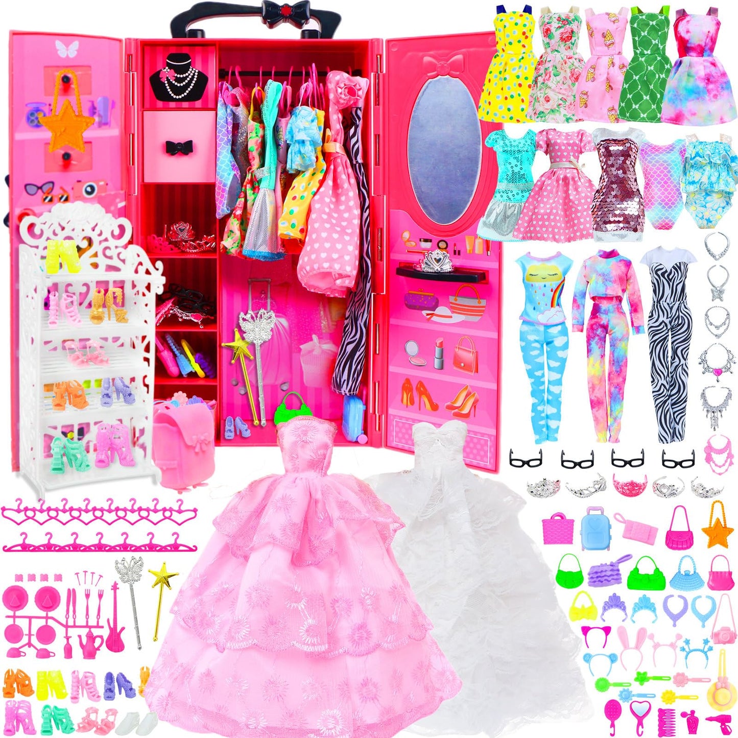 BJDBUS 127 Pcs Doll Wardrobe with Clothes and Accessories, Closet Set for 11.5 Inch Girl Doll Storage Wedding Gown Fashion Dresses Skirts Tops Pants