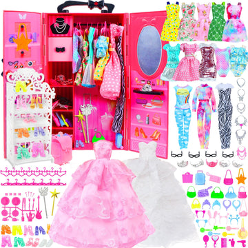 BJDBUS 127 Pcs Doll Wardrobe with Clothes and Accessories, Closet Set for 11.5 Inch Girl Doll Storage Wedding Gown Fashion Dresses Skirts Tops Pants