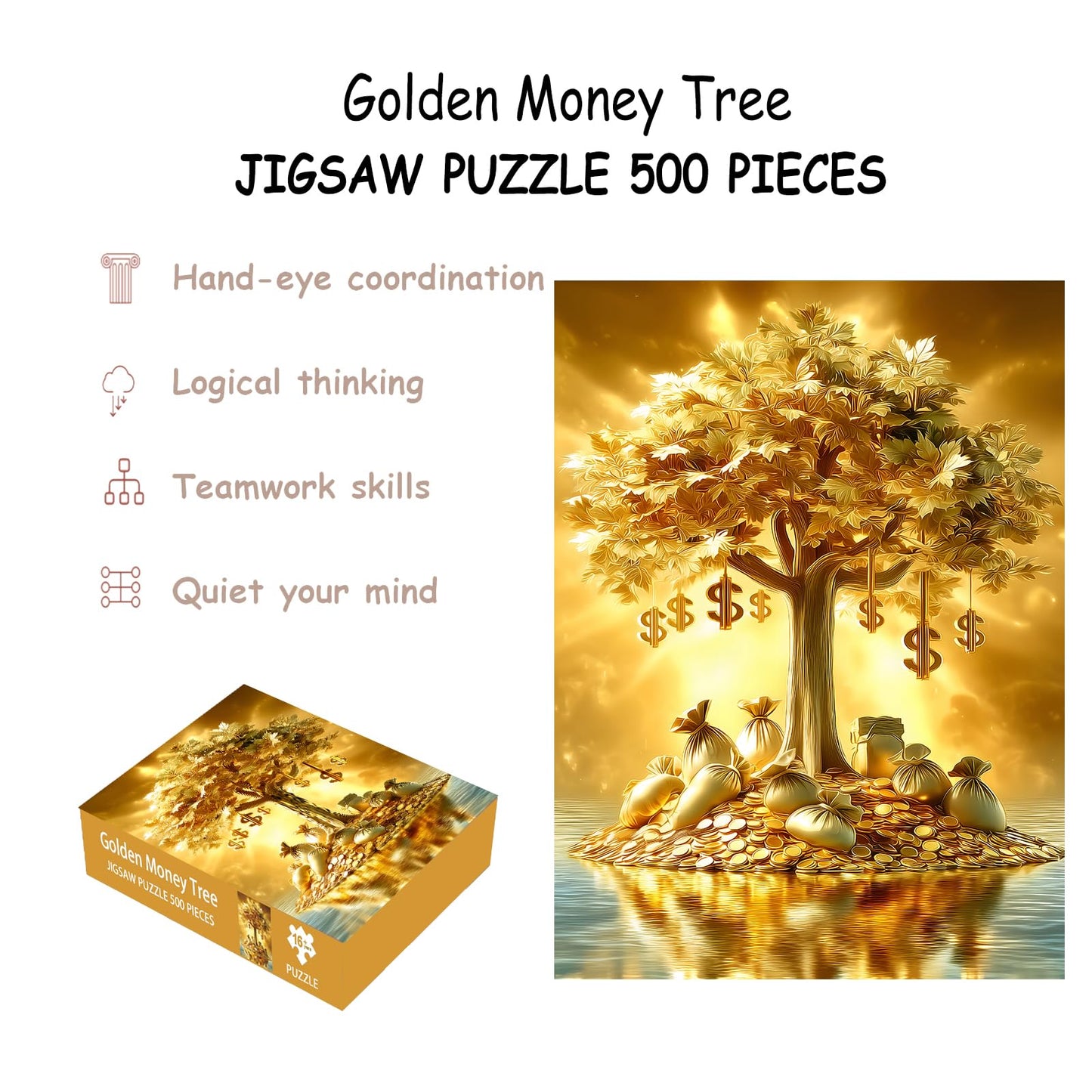 Puzzles for Adults 500 Pieces, Fortune Tree Jigsaw Puzzles - Golden Money Tree, Impossible Money Puzzle for Seniors Families,20.47x14.96 inches, 1:1
