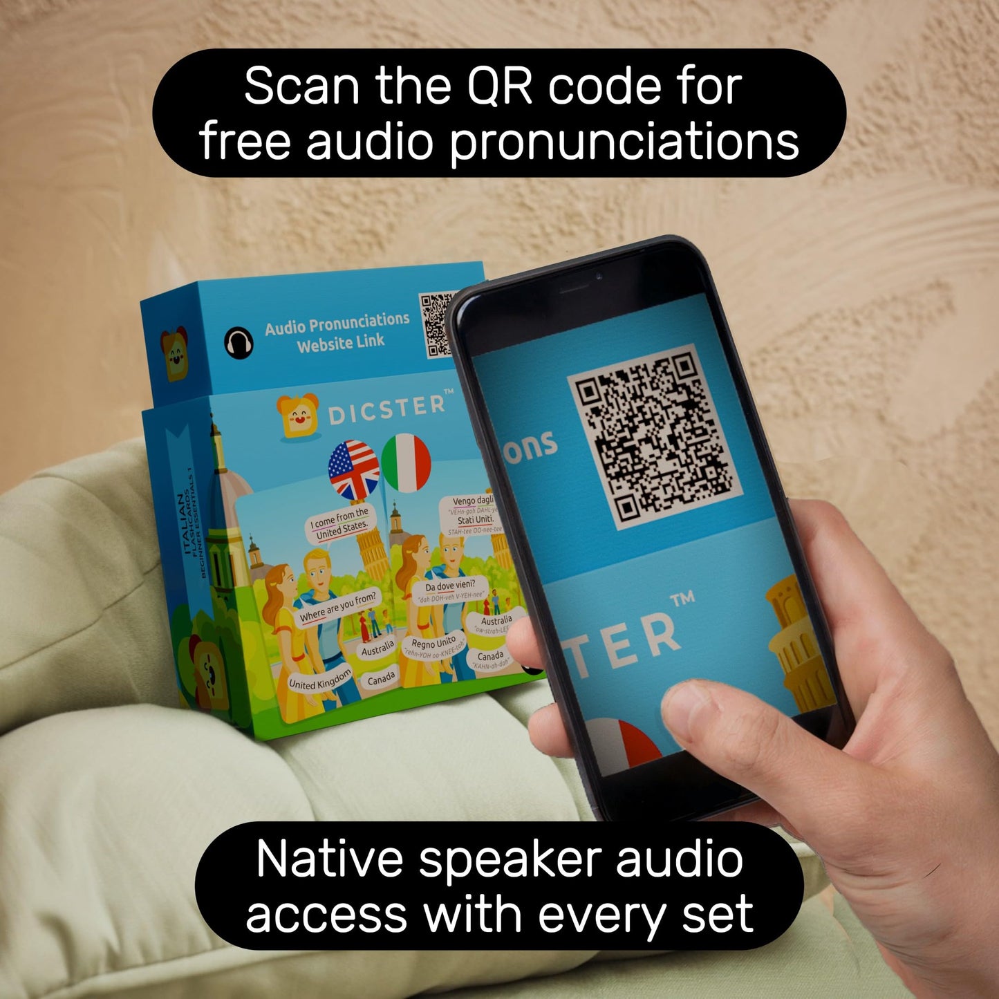 Dicster Italian Language Flashcards - Beginner Essentials 1: 52 Flashcards & 275+ Essential Words & Phrases, Pronunciation Guides, Online Audio