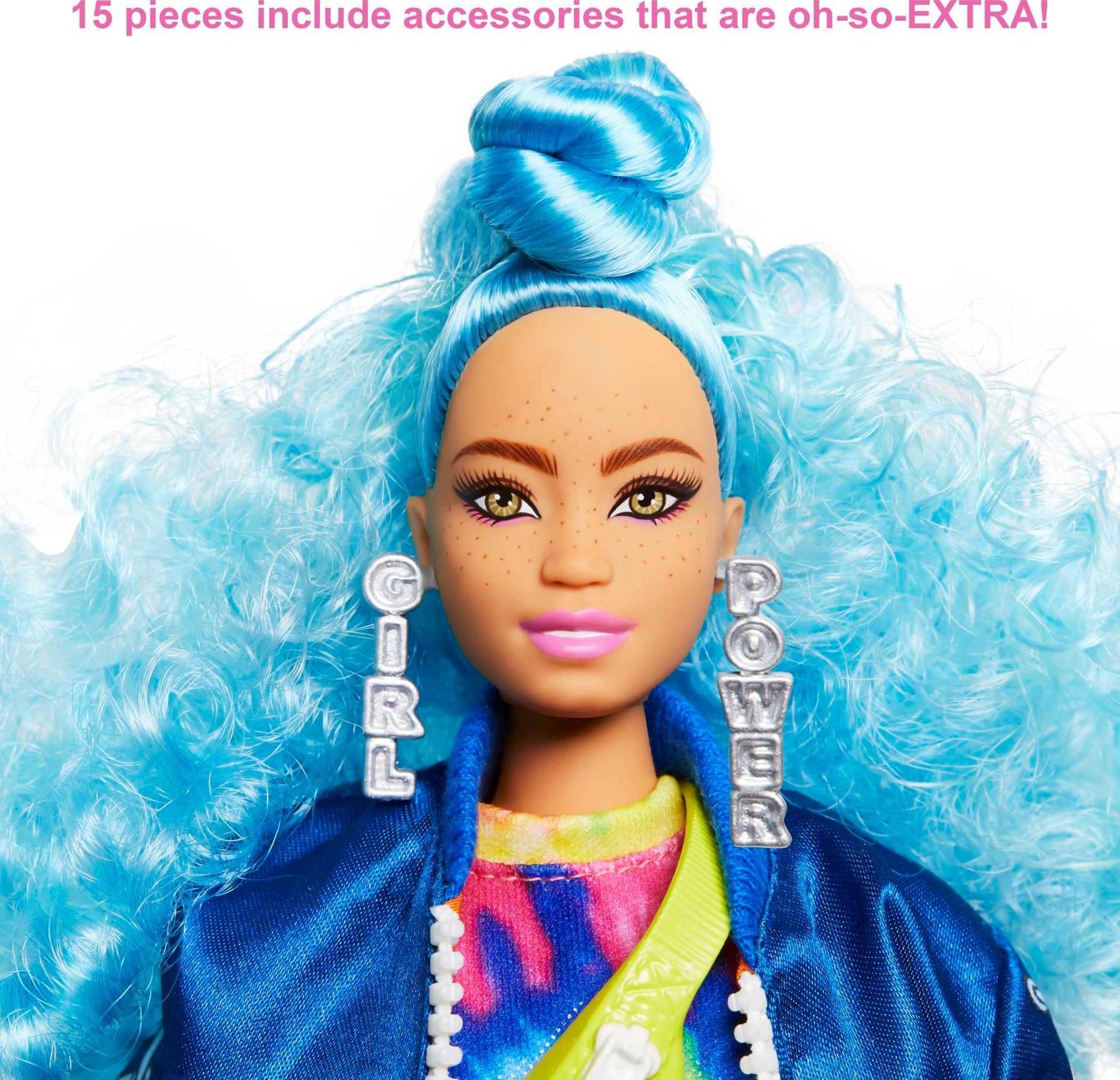 Barbie Extra Doll #4, Curvy, in Zippered Bomber Jacket with 2 Pet Kittens, Extra-Curly Blue Hair, Layered Outfit & Accessories Including Skateboard