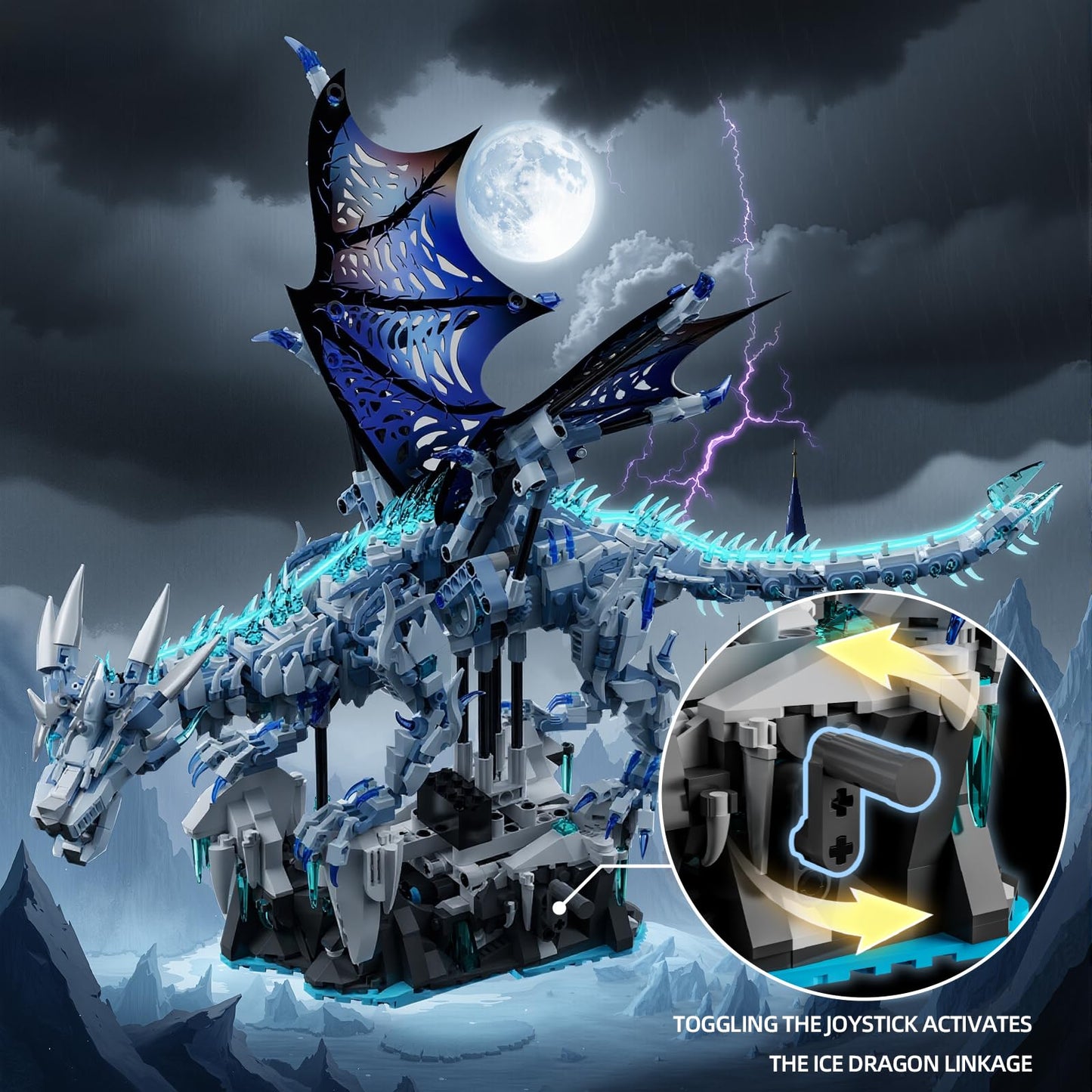 Myth Qholve Mechanical Dark Ice Dragon Building Block Set with Hand Crank Motion Movable Head, Wings & Limbs Fantasy Dragon Model Kit for Teens