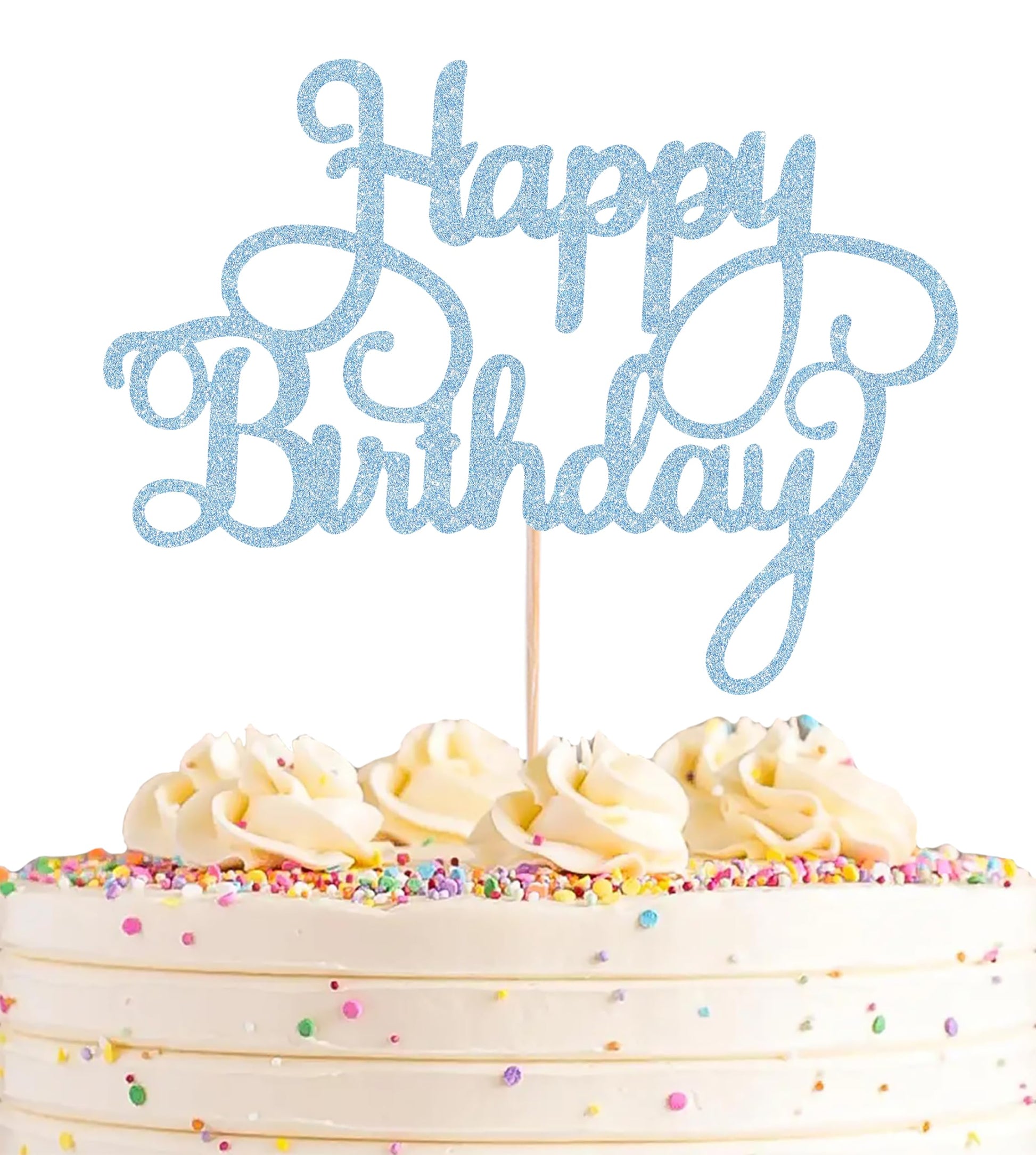 AHAORAY Happy Birthday Cake Topper - Light Blue Glitter Happy Birthday Cake Bunting Decor - Birthday Party Cake Decoration Supplies, for Photo Booth
