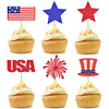 24 Pcs 4th of July Cupcake Toppers - Patriotic Red White Blue Glitter USA Cake Toppers with American Flag, Star and Firework Designs for Independence