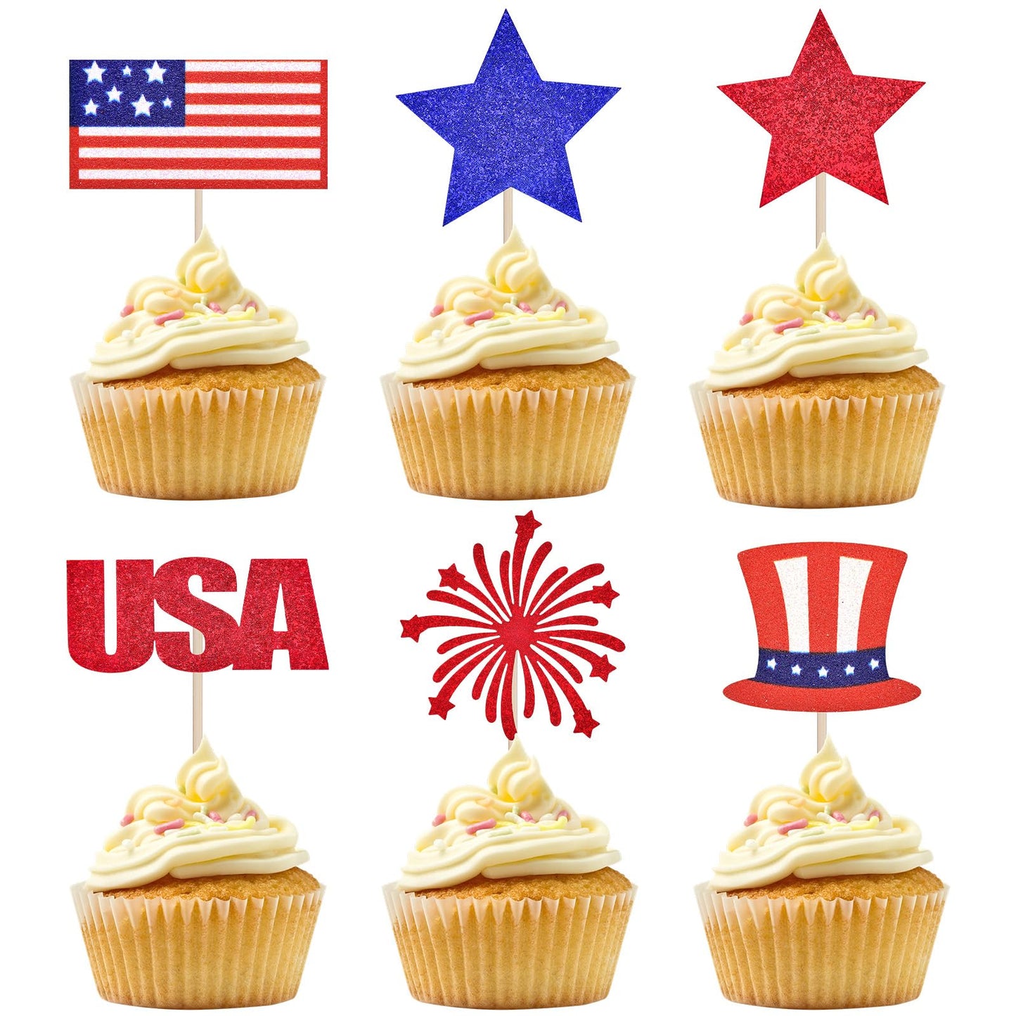 24 Pcs 4th of July Cupcake Toppers - Patriotic Red White Blue Glitter USA Cake Toppers with American Flag, Star and Firework Designs for Independence