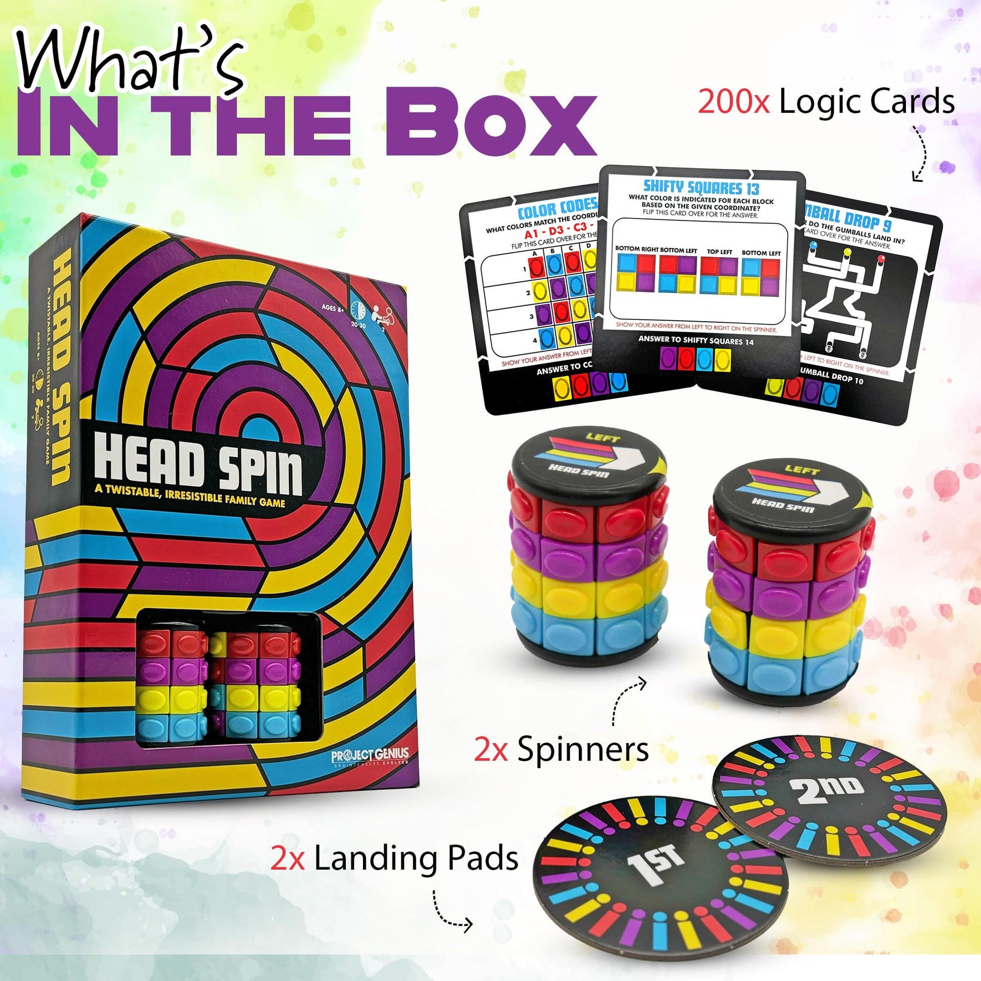 Project Genius Head Spin Game - Family Game Night, Fidget Spinners, 200 Logic Puzzle Cards, Ages 8+, STEM Board Game, Great Birthday Gift