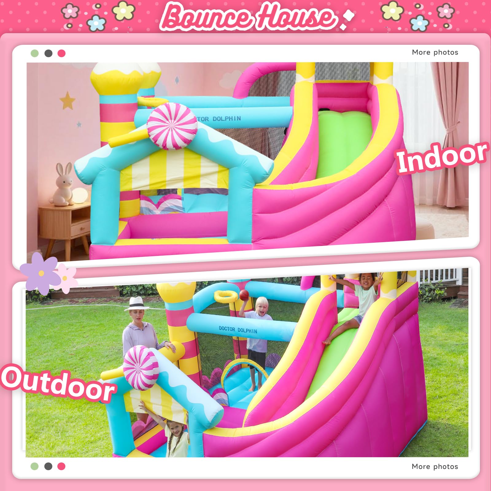 SunSports Bounce House for Kids, Inflatable Bouncy House, Indoor Toddler Bounce House, Pink Bounce House with Slide, Bouncy Castle for Backyard