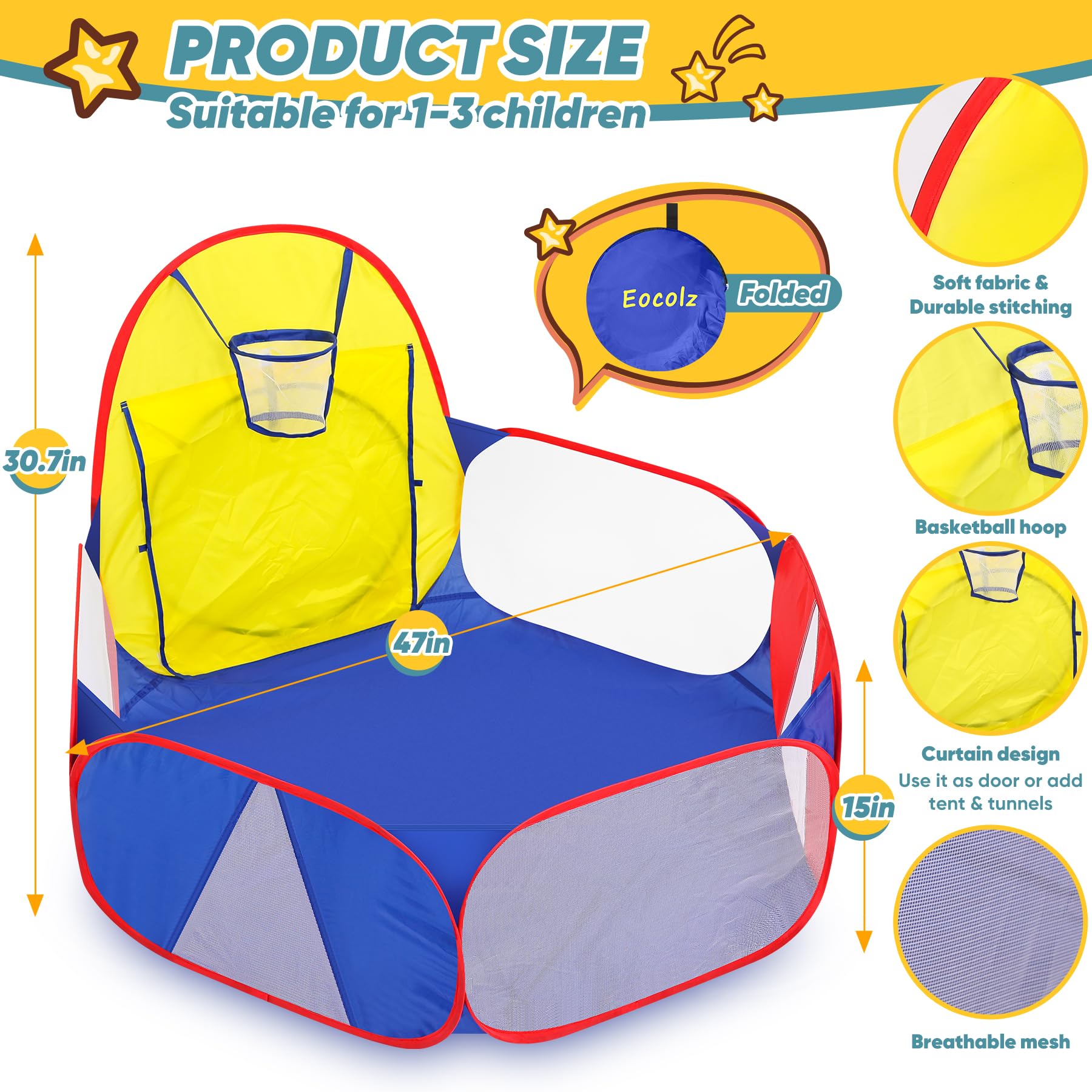 Eocolz Kids Ball Pit Large Pop Up Childrens Ball Pits Tent for Toddlers Playhouse Baby Crawl Playpen with Basketball Hoop and Zipper Storage Bag, 4