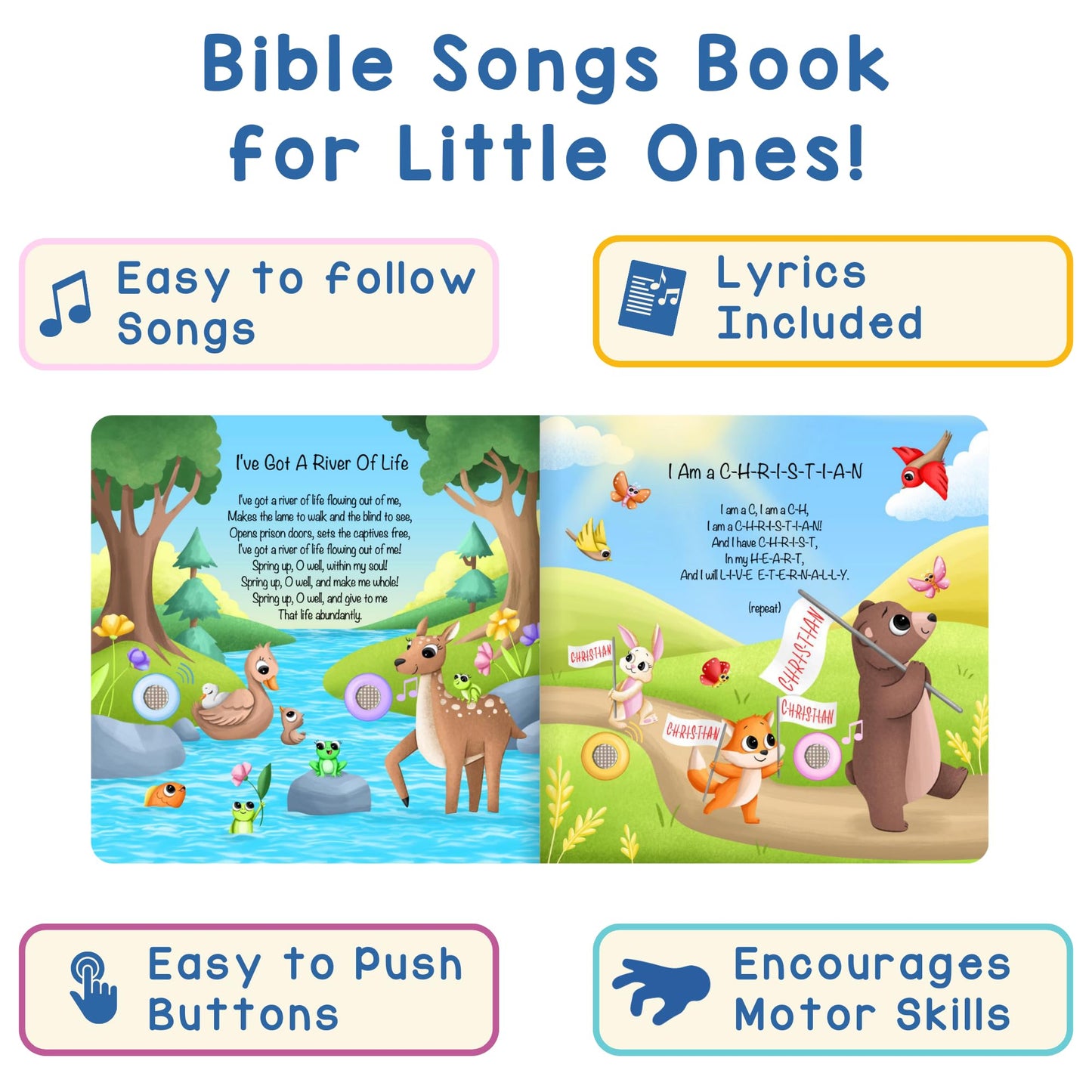 LEARNING BUGS Christian Bible Songs - 13 Songs of Praise for Little Ones, Musical Books for Toddlers, 28-Button Music Book, Musical Toys for Toddlers