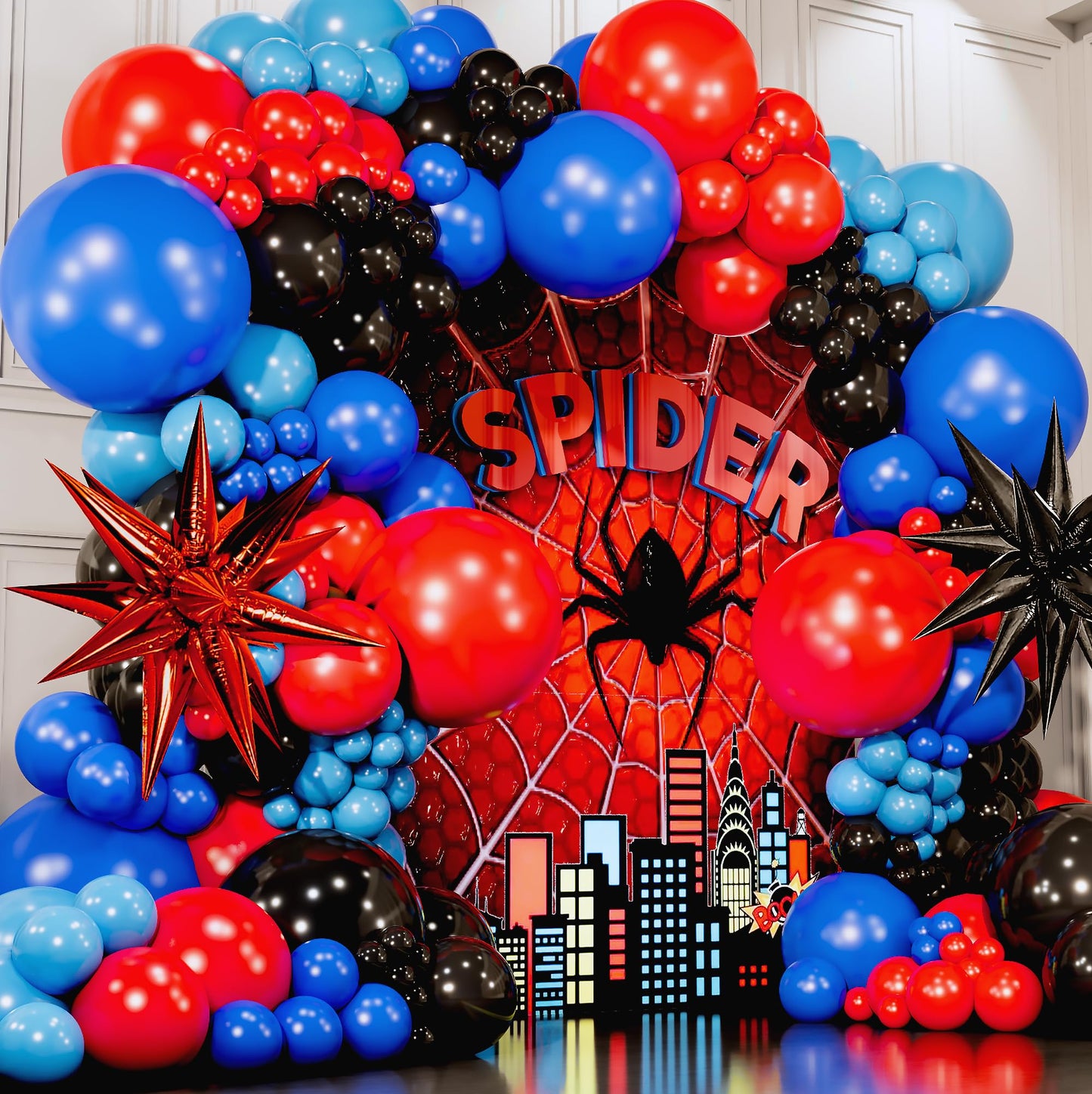 ALL-IN-1 Spider Balloon Arch Kit with BONUS Starburst for Spidy Birthday Decorations - Red Blue Spider Balloons for Spidy Man Party Decorations