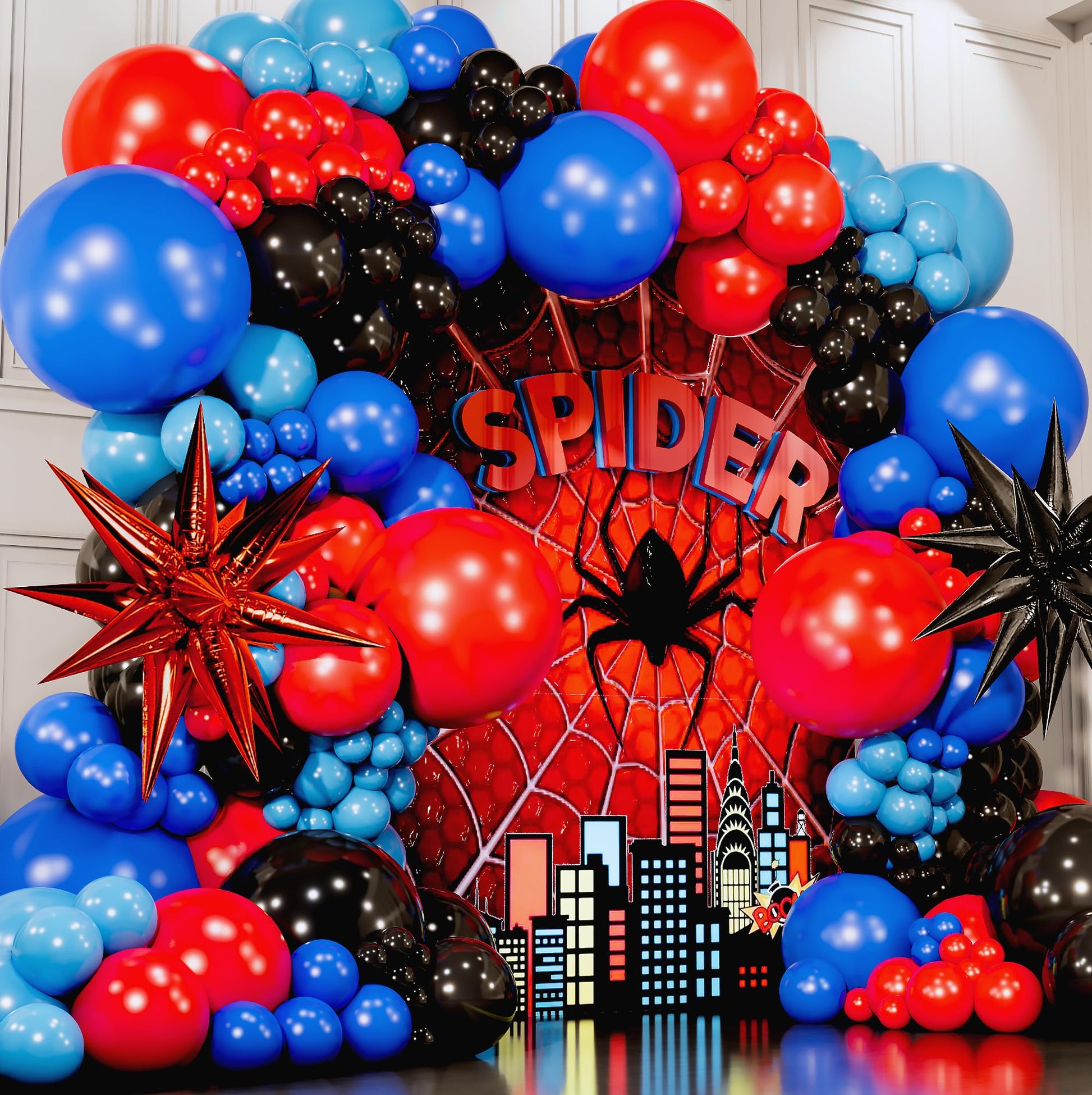 ALL-IN-1 Spider Balloon Arch Kit with BONUS Starburst for Spidy Birthday Decorations - Red Blue Spider Balloons for Spidy Man Party Decorations
