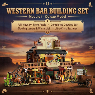 FNSJFYZS Western Bar Building Blocks with LED Lights, Wild West Saloon Architecture Model, Modular Old West Building Set for Adults, Detailed Desert
