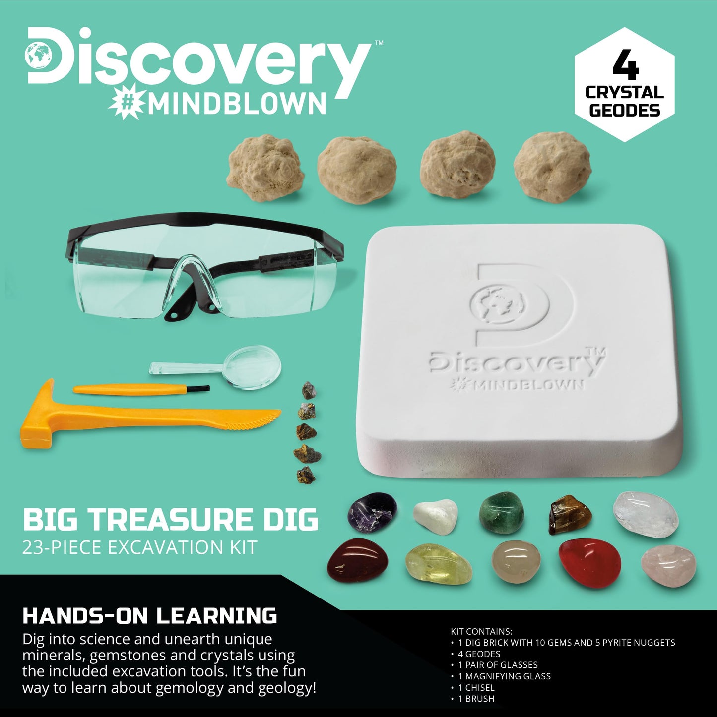 Discovery™ Big Treasure Dig STEM Kit - 23-Piece Excavation Set for Kids| Dig for 15 Gemstones, 4 Crystal Geodes & Pyrite Nuggets| Real Tools|