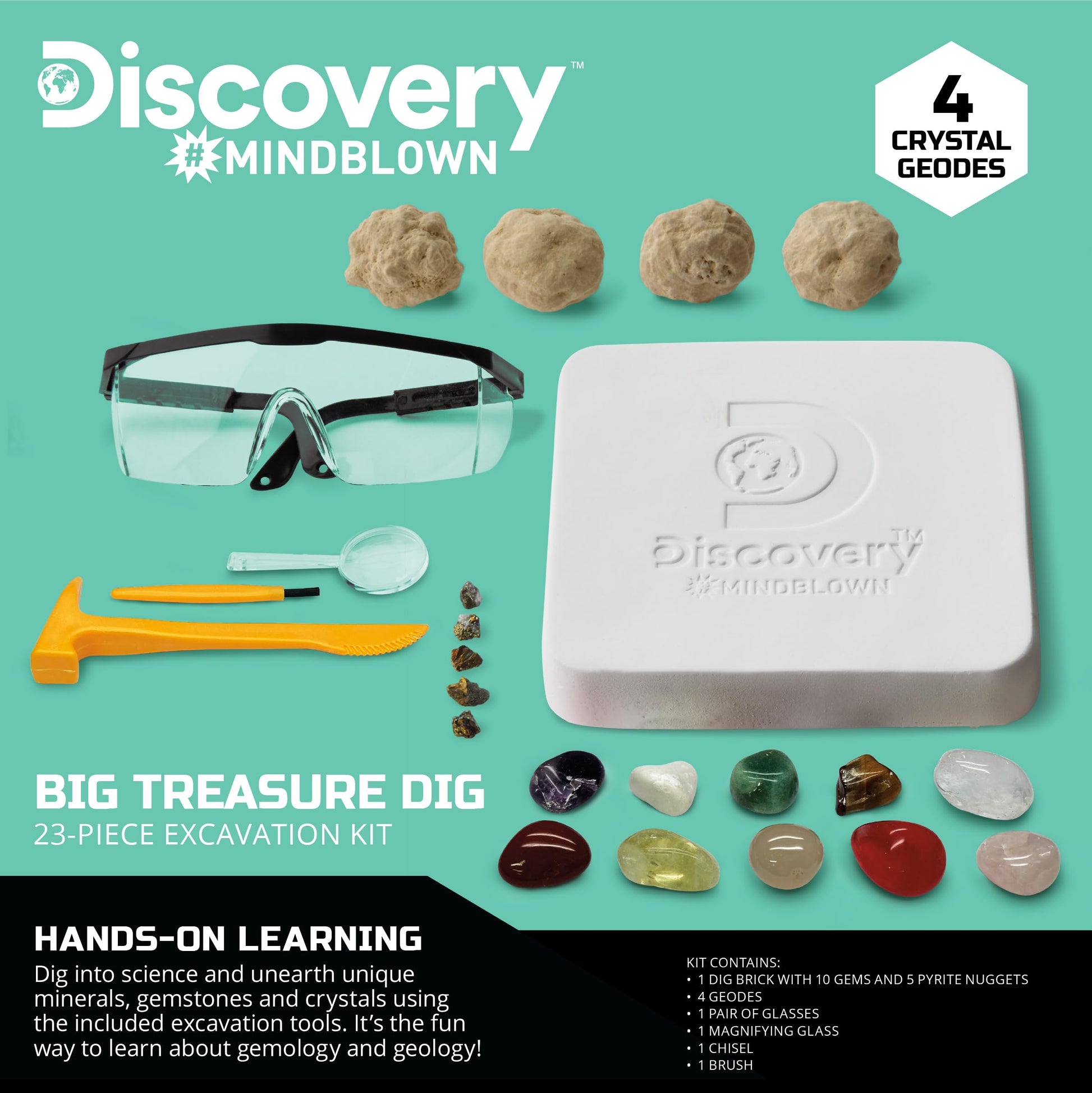 Discovery™ Big Treasure Dig STEM Kit - 23-Piece Excavation Set for Kids| Dig for 15 Gemstones, 4 Crystal Geodes & Pyrite Nuggets| Real Tools|