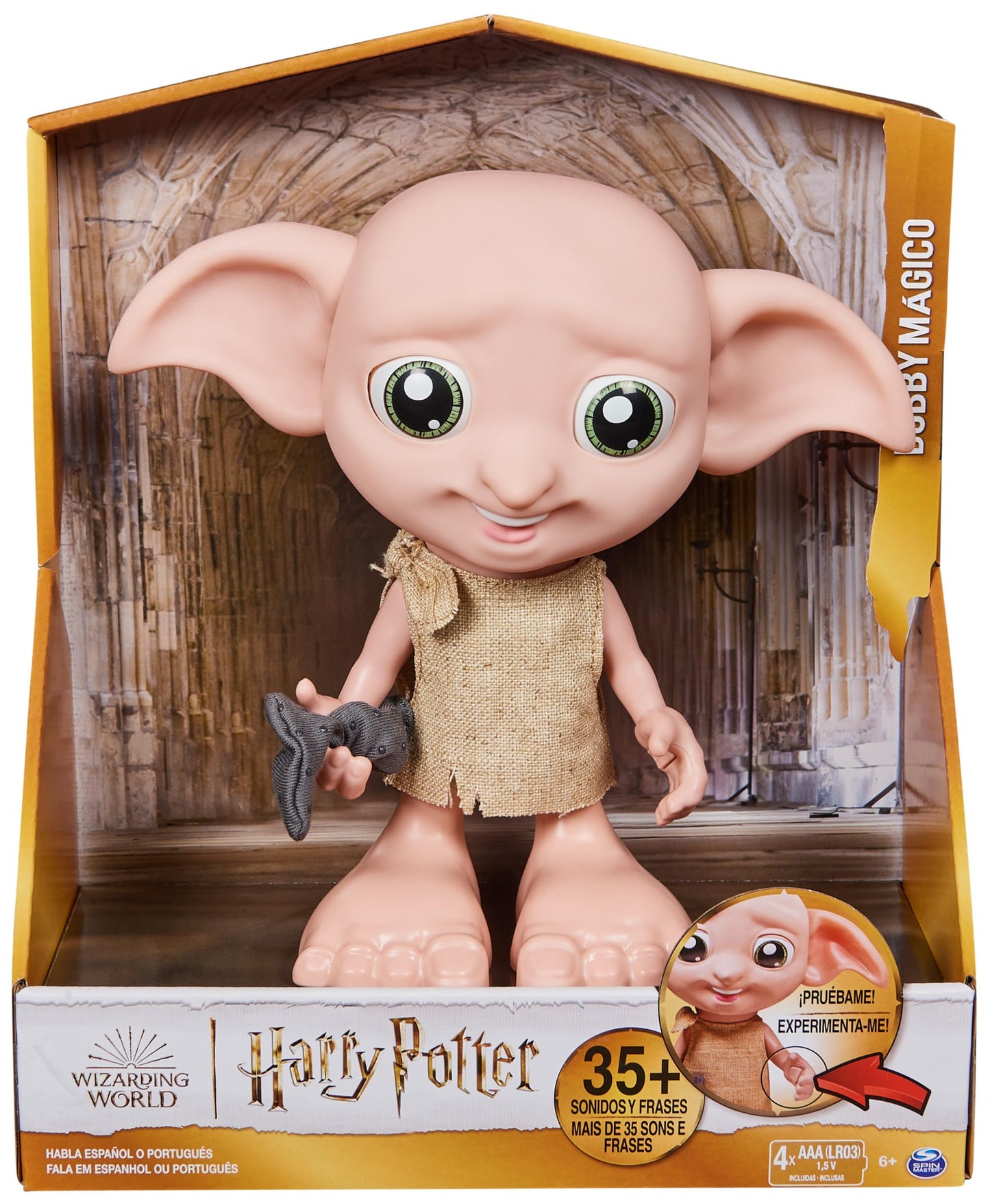 Wizarding World - 8.5" Harry Potter Elf Dobby Interactive Doll with Stocking and 30+ Sounds and Phrases - Harry Potter Gifts - Toys Kids 6+