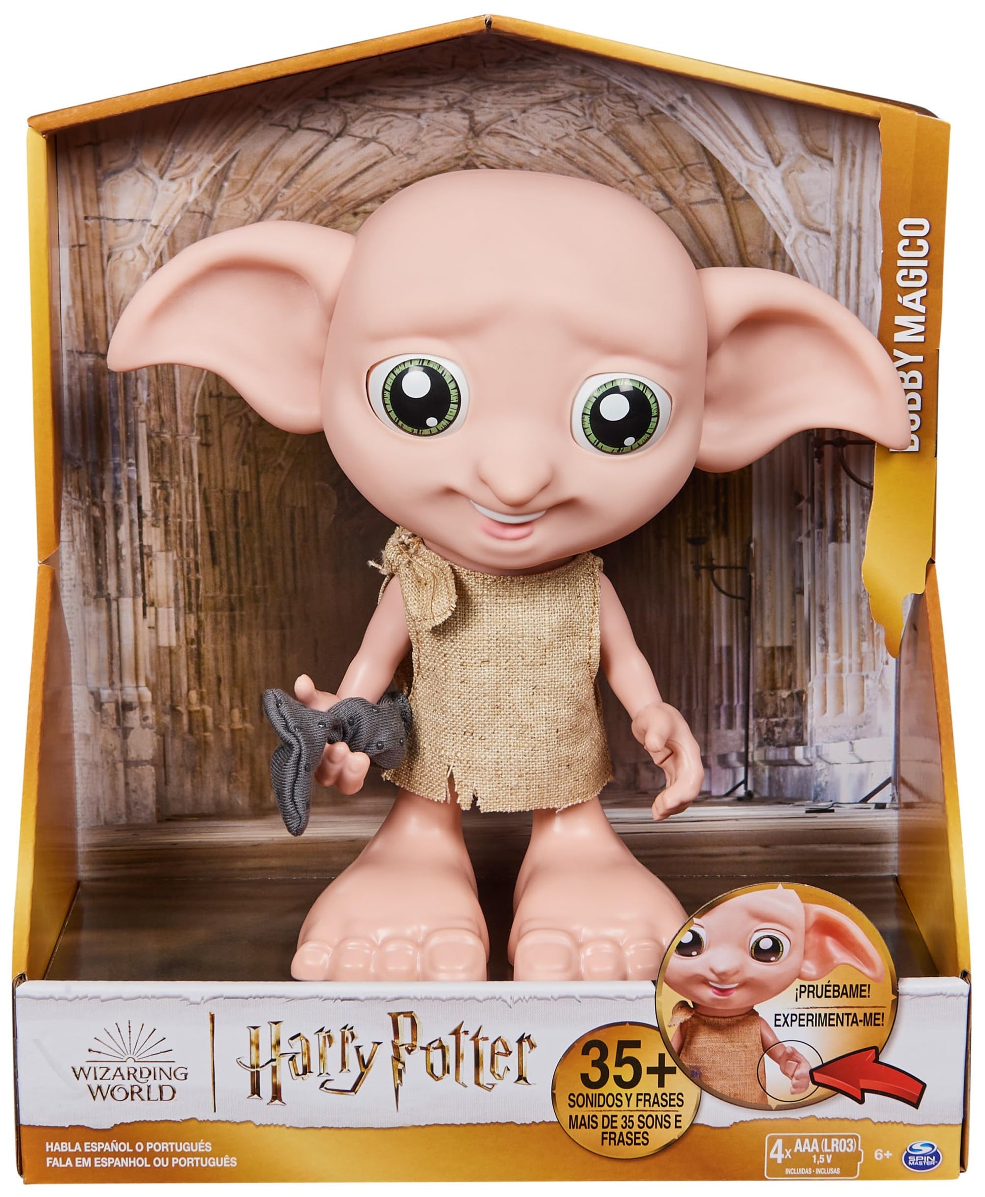 Wizarding World - 8.5" Harry Potter Elf Dobby Interactive Doll with Stocking and 30+ Sounds and Phrases - Harry Potter Gifts - Toys Kids 6+