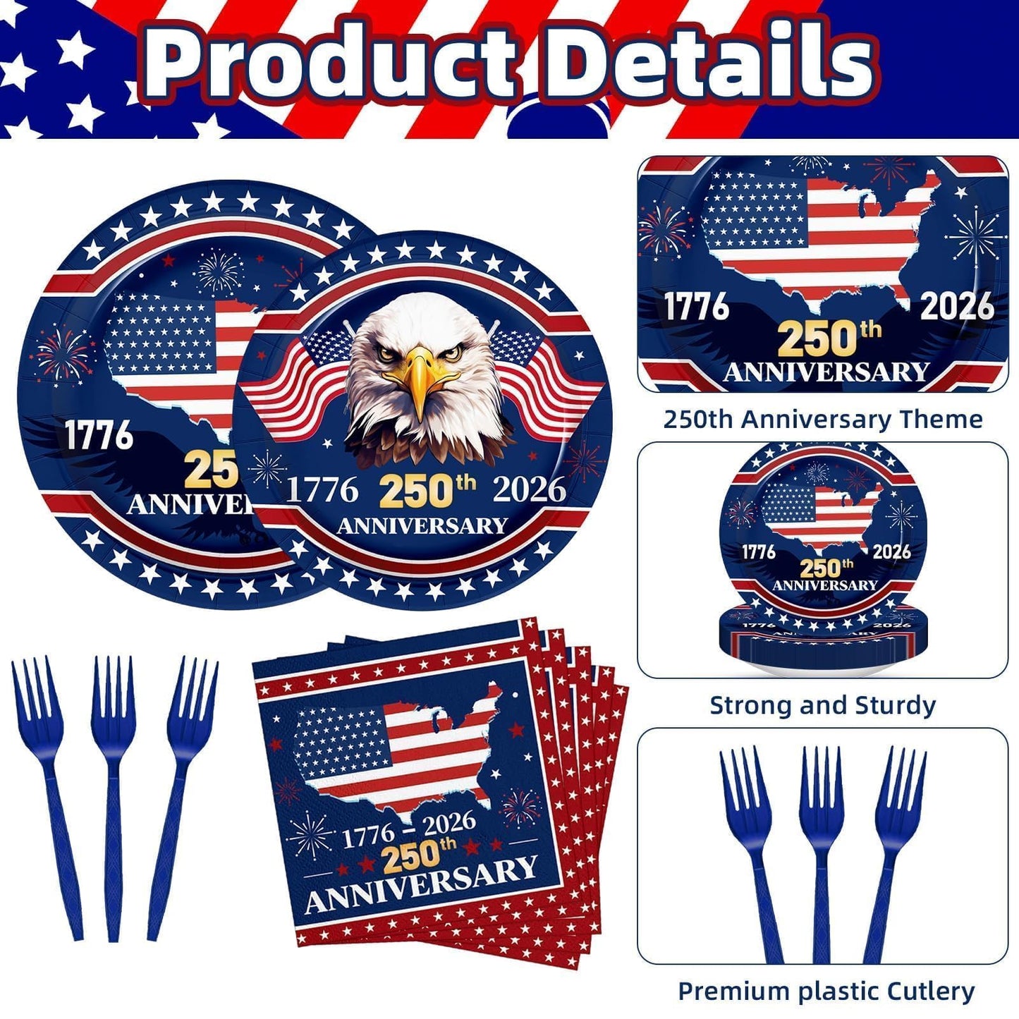 100 Pcs 250th Anniversary Party Supplies - Serves 25, Red White Blue Disposable Tableware, Includes Paper Plates, Napkins, Plastic Forks for 1776-2026