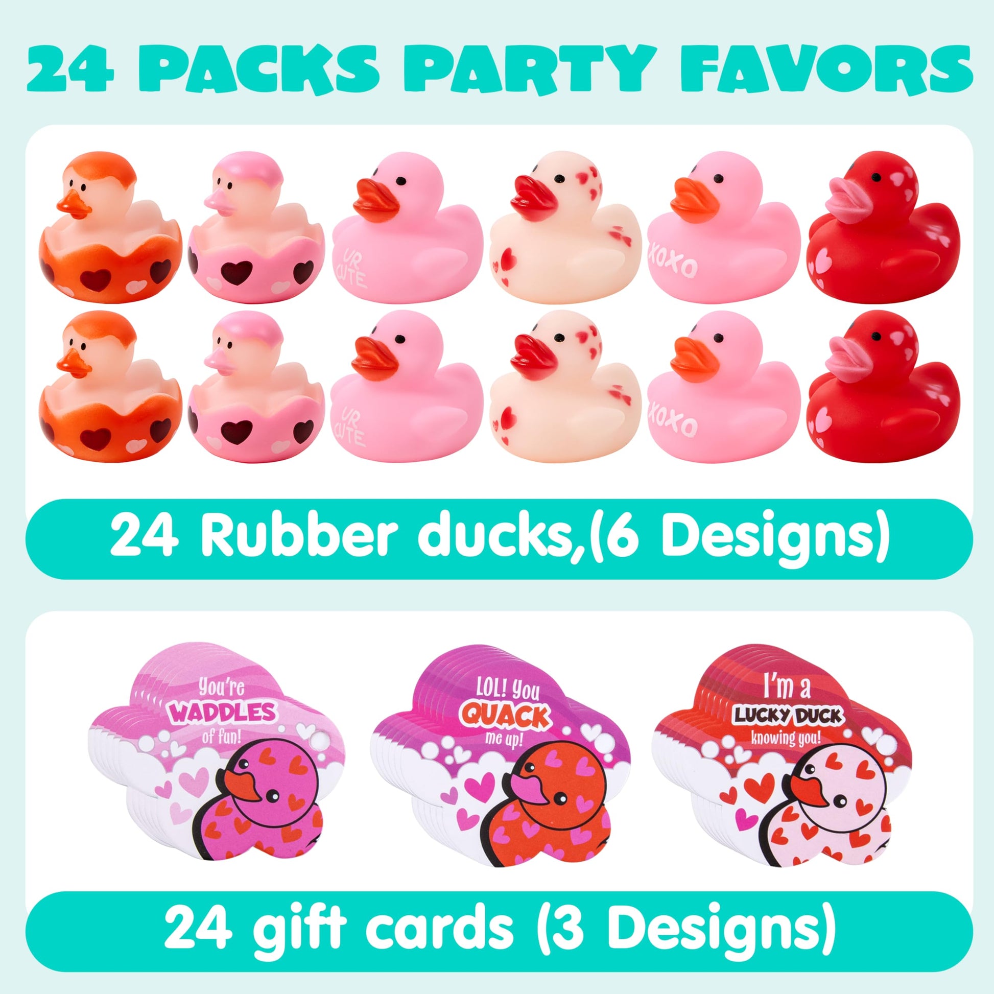 JOYIN 24 Pcs Valentine’s Day Gift Cards with Rubber Duck for Kids,Mini Rubber Duck Bath Toys for Classroom Exchange Prizes, Valentine Party Favors