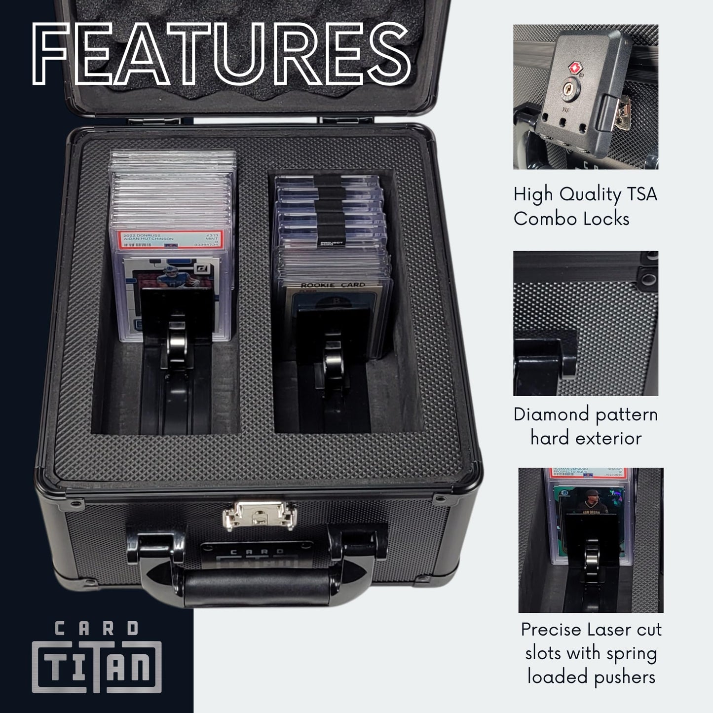 Card Titan Vault Trading Card Storage Box - Lockable Sports Cards Hard Case with Spring-Loaded Pushers for Top Loaders & Graded Cards - 2 Row