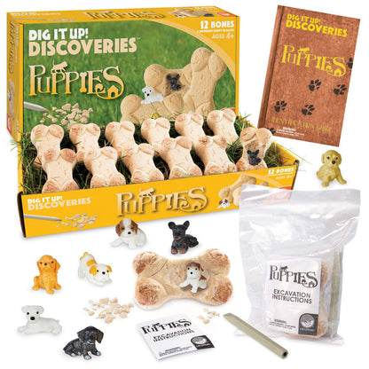 MindWare Dig it Up! Puppies Excavation Kit - Educational Toys for Kids 4 and Up - Dig Kit with 12 Bones, 12 Puppy Figurines, 12 Chisels - Ideal