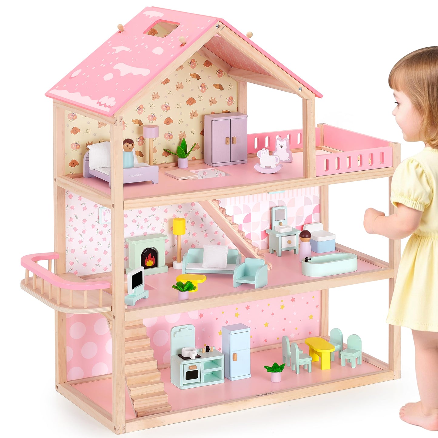 Pillowhale Wooden Dollhouse for Girls 3-Story Open Layout Playhouse with Furniture Accessories Pretend Play Role-Playing Toy Birthday Gift for Kids