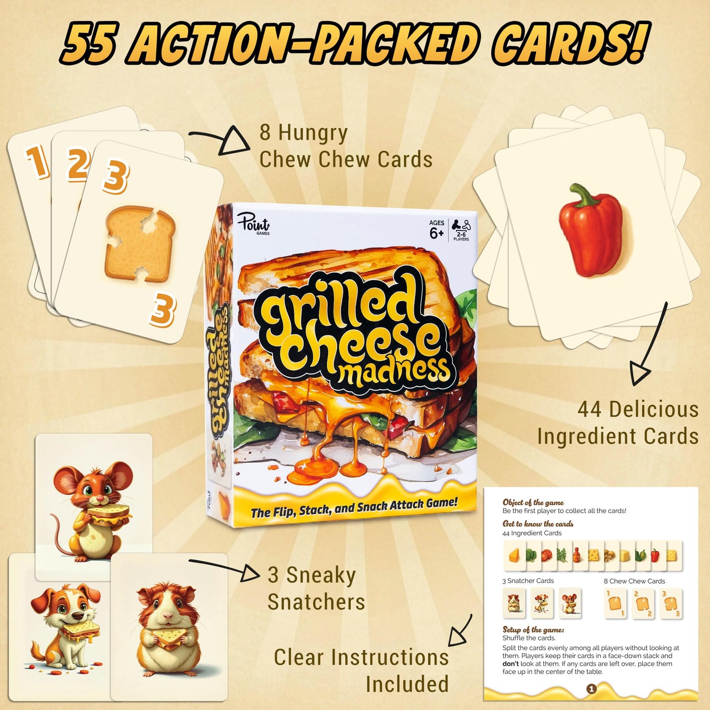 Point Games Grilled Cheese Madness Card Game - Fast-Paced Slap Card Game for Kids & Families - Fun Matching Game for Ages 6+ - 2 to 6 Players - Travel