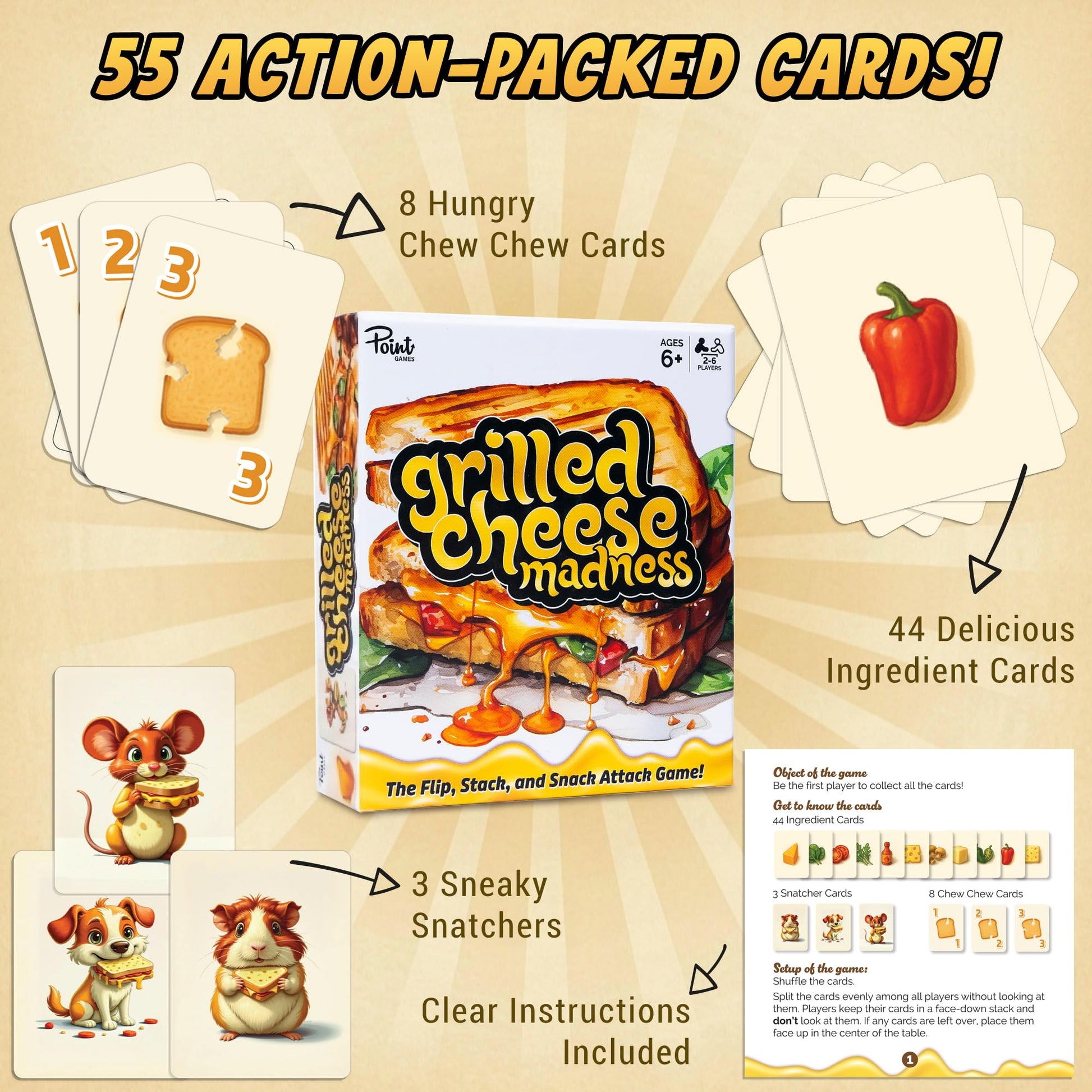 Point Games Grilled Cheese Madness Card Game - Fast-Paced Slap Card Game for Kids & Families - Fun Matching Game for Ages 6+ - 2 to 6 Players - Travel