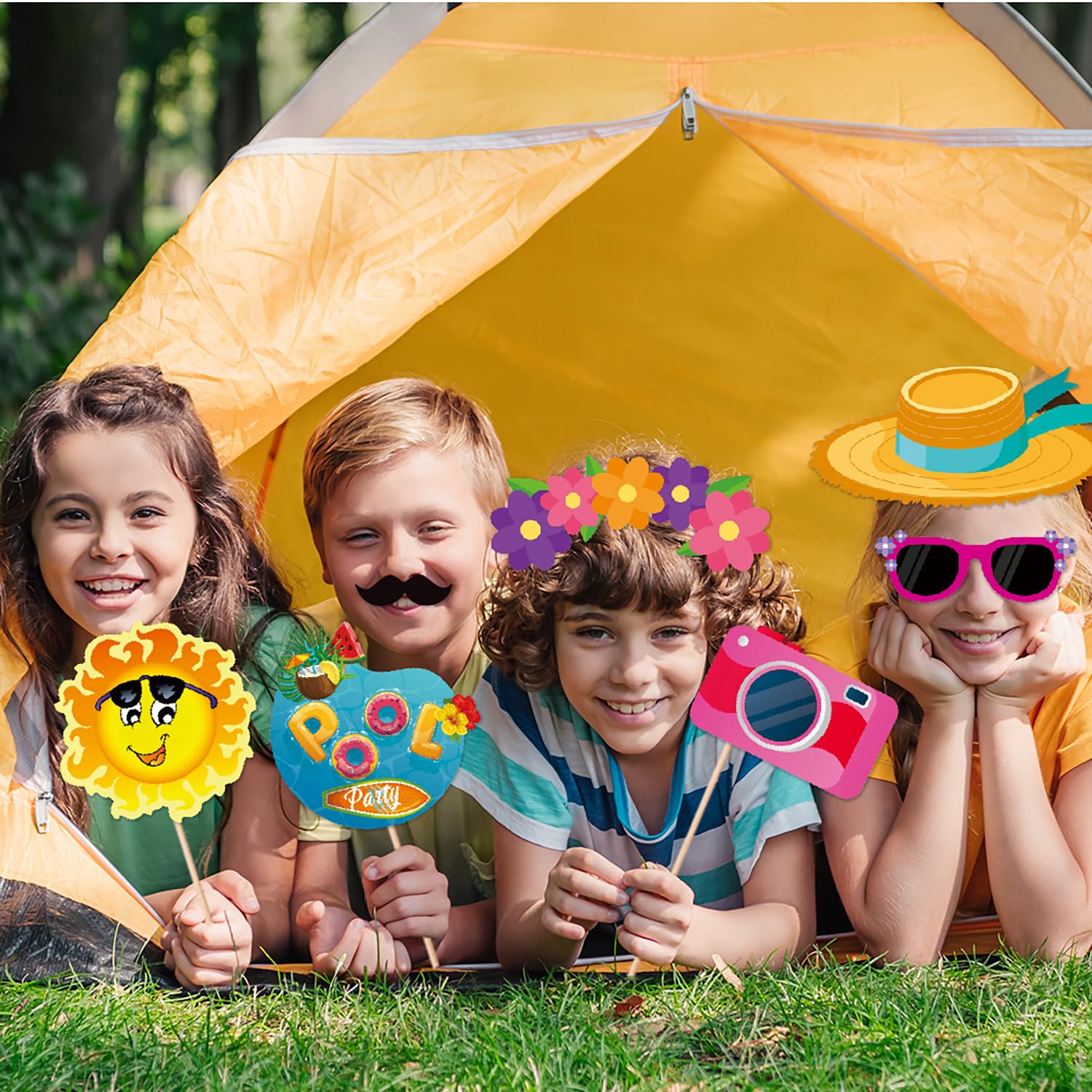 OURUOLA Summer-Hawaiian Luau Beach Party-Decorations Photo Booth - 25pcs DIY Props,Tropical Aloha Flamingo Glasses Photography Decor, Kid Adult Beach