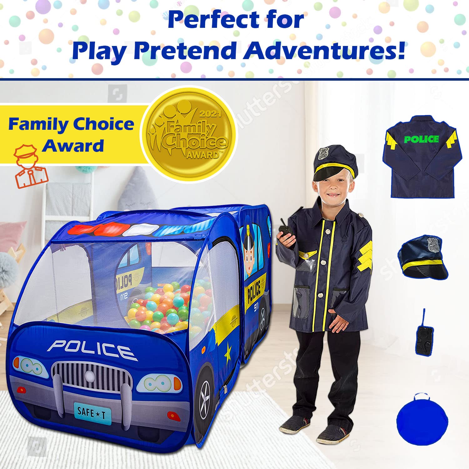 Police Car Pop Up Play Tent with Sound Button and Policeman Officer Costume for Kids, Toddlers, Boys, Girls, Indoors & Outdoors - Playhouse