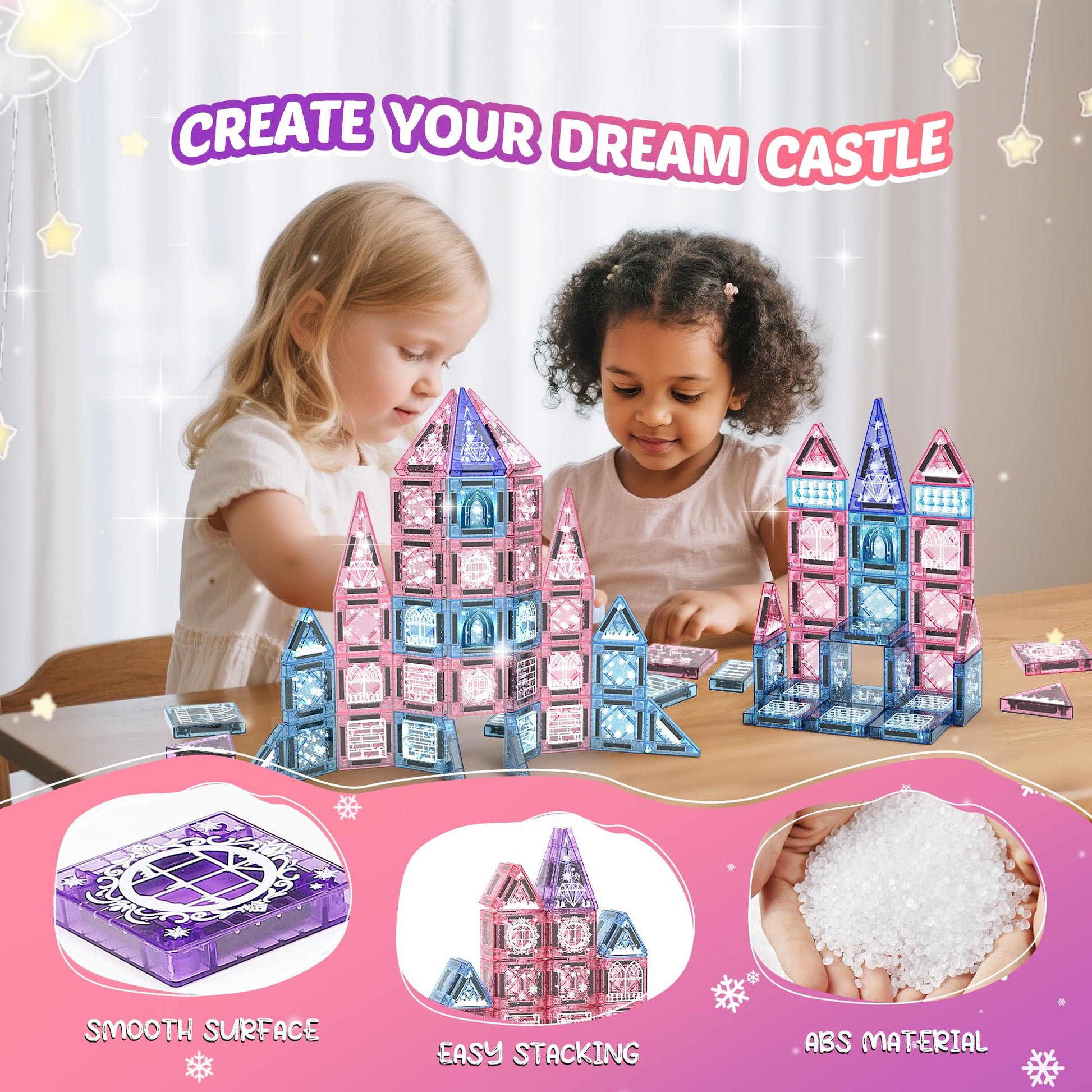 Magnetic Tiles Princess Toys, Princess Castle Travel Magnetic Blocks with Metal Box & 2 Dolls, Mini Magnet Tiles for Girls Pretend Play, Magnet STEM