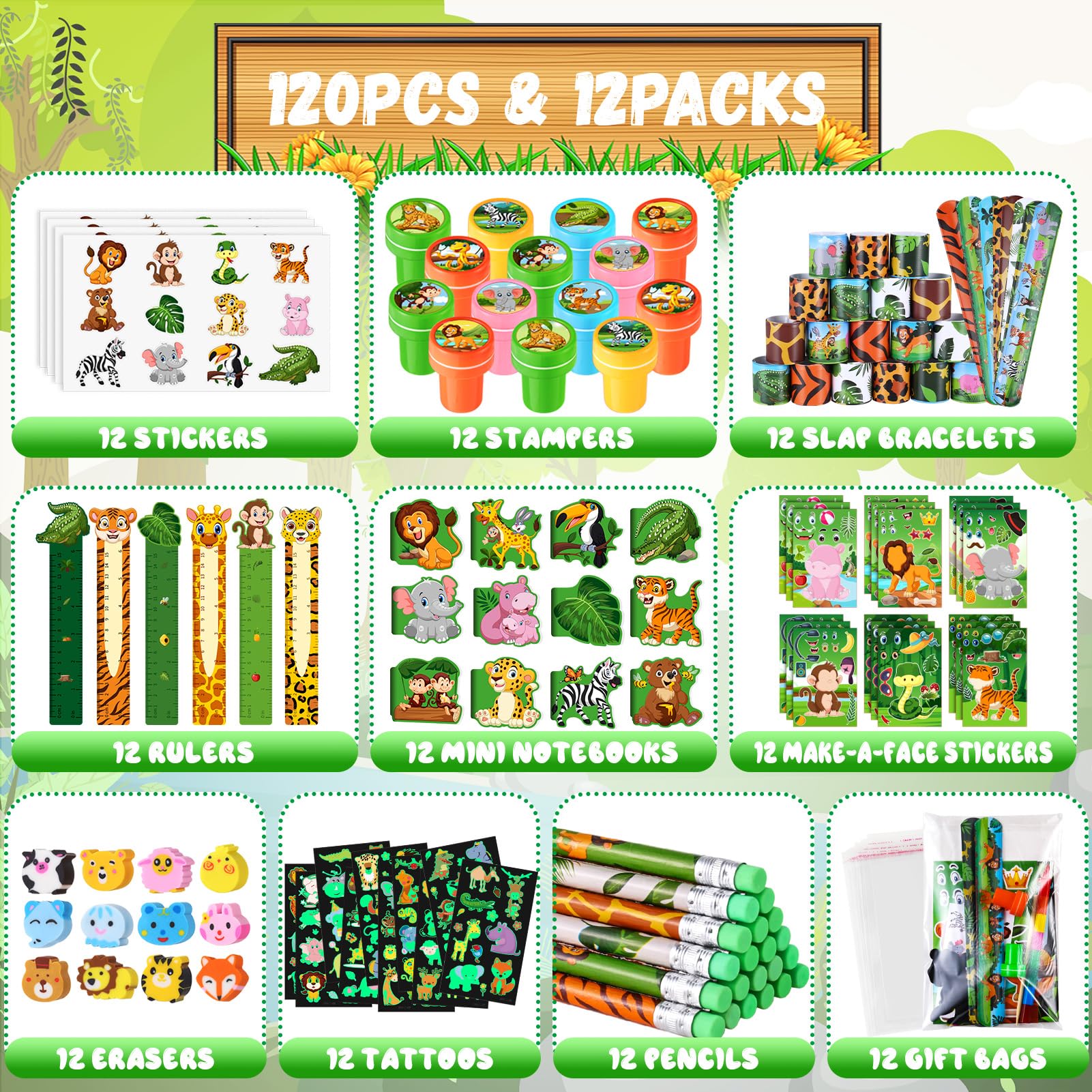 BenLouis 120Pcs Jungle Safari Party Favors Zoo Animals Sticker Stampers Slap Bracelets School Stationery Set Bulk Classroom Prizes for Kids Wild One