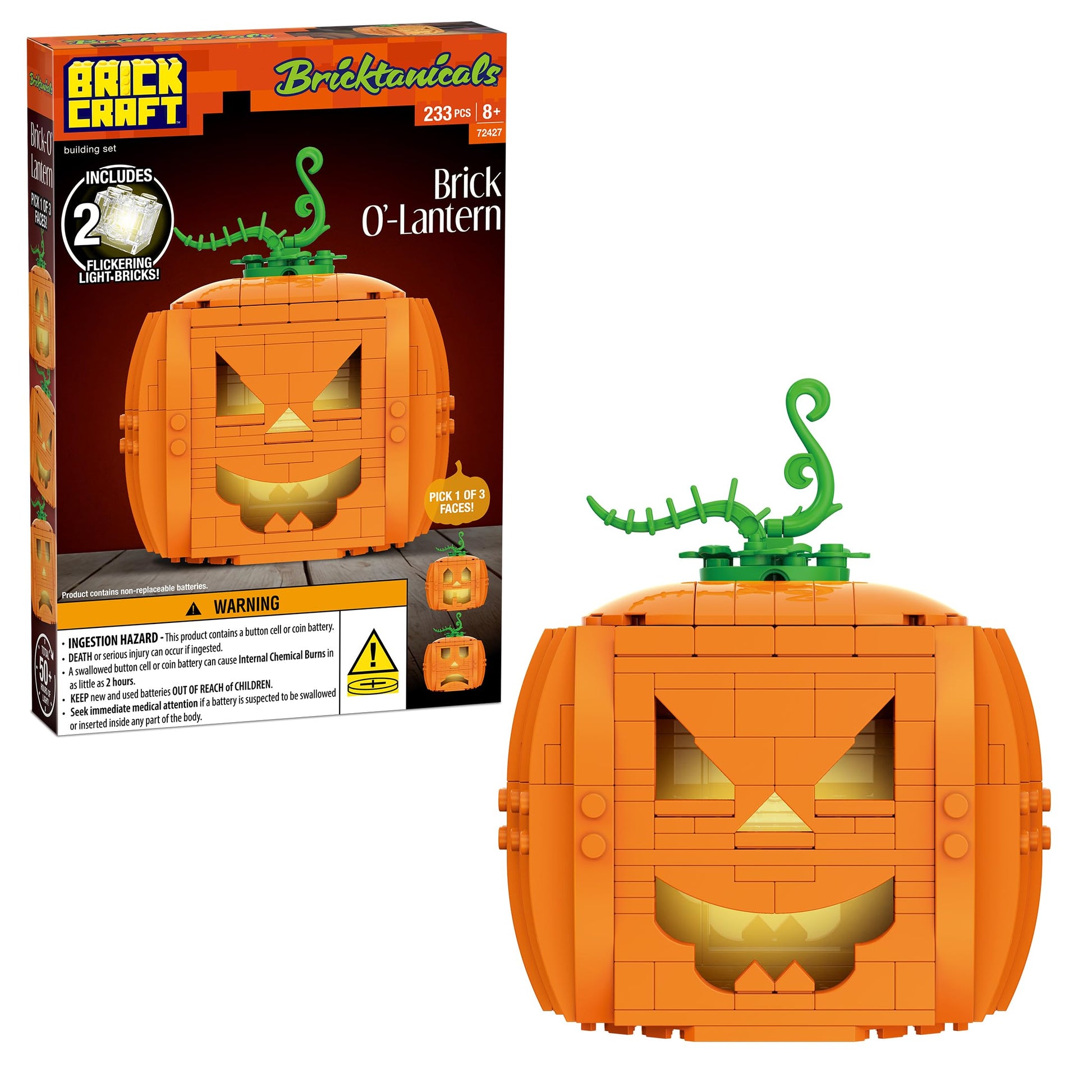Brickcraft Brick O’-Lantern Building Kit, 233 Pieces | Halloween Pumpkin Decoration with 3 Interchangeable Faces & 2 Flickering Light Bricks | DIY