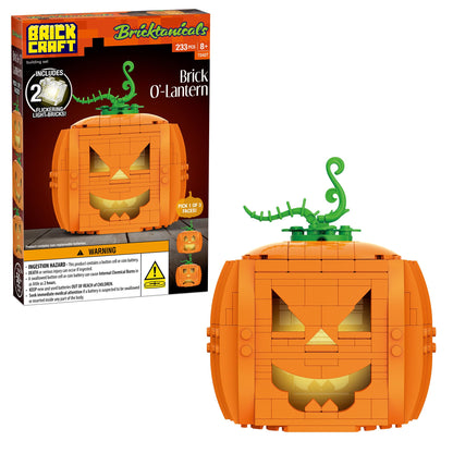 Brickcraft Brick O’-Lantern Building Kit, 233 Pieces | Halloween Pumpkin Decoration with 3 Interchangeable Faces & 2 Flickering Light Bricks | DIY