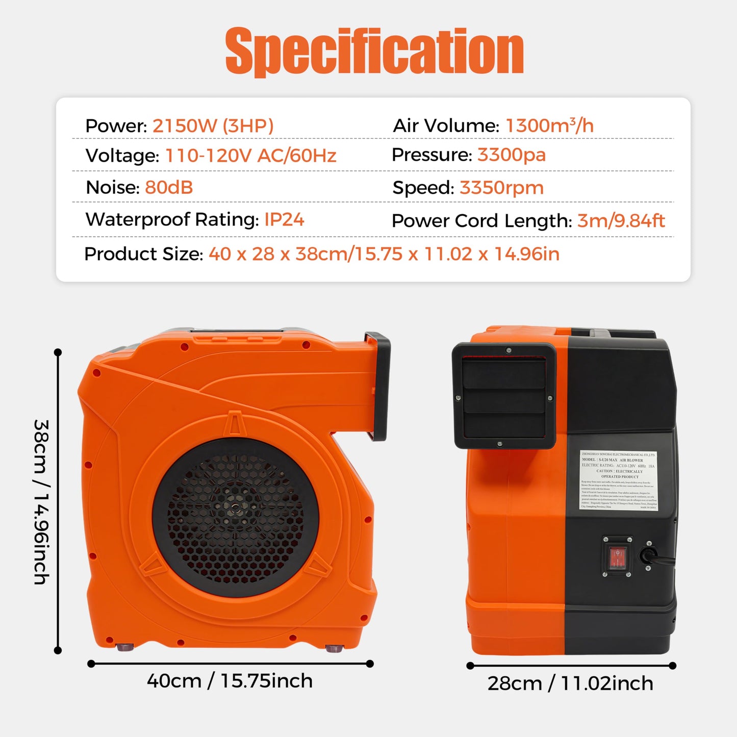 Poggyyi 3HP Inflatable Bounce House Blower, 2150W Commercial Air Blower for Large Water Slides Inflatable Castle Jump Slides, Air Blower