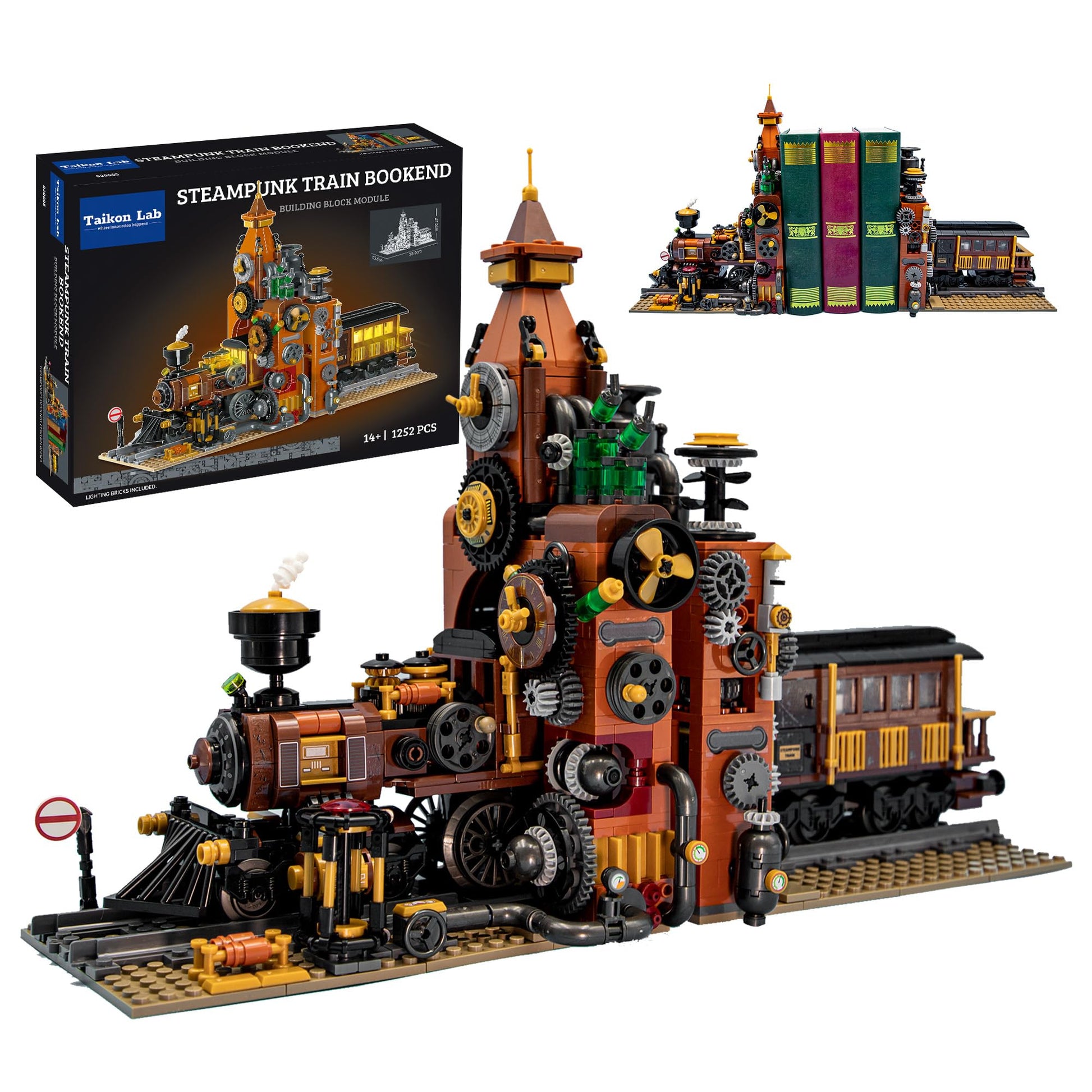 TAIKONLAB Steampunk Train Bookend Building Block Set, Creative Bookend and Bricks Building Set, Light Module Included, Rich Details with Mechanic