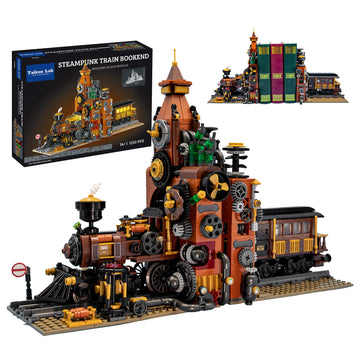 TAIKONLAB Steampunk Train Bookend Building Block Set, Creative Bookend and Bricks Building Set, Light Module Included, Rich Details with Mechanic